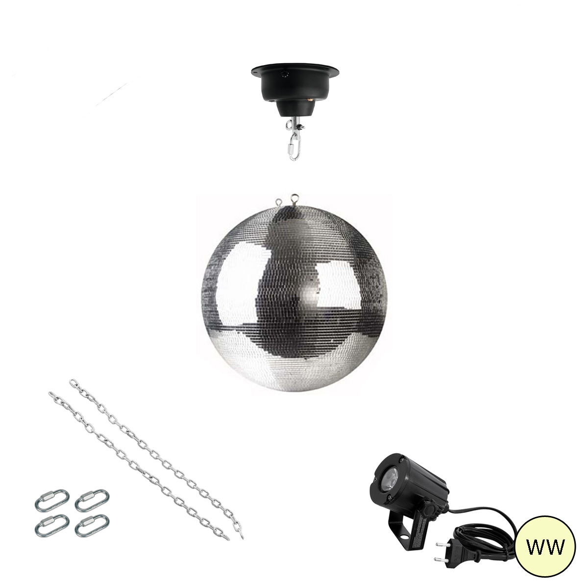 Spiegelkugel Komplettset - Discokugel, Motor, Pinspot, Montagematerial für Diskokugel - Mirrorball Set - Partyset Spiegelkugel Komplettset - Discokugel, Motor, Pinspot, Montagematerial für Diskokugel - Mirrorball Set - Partyset