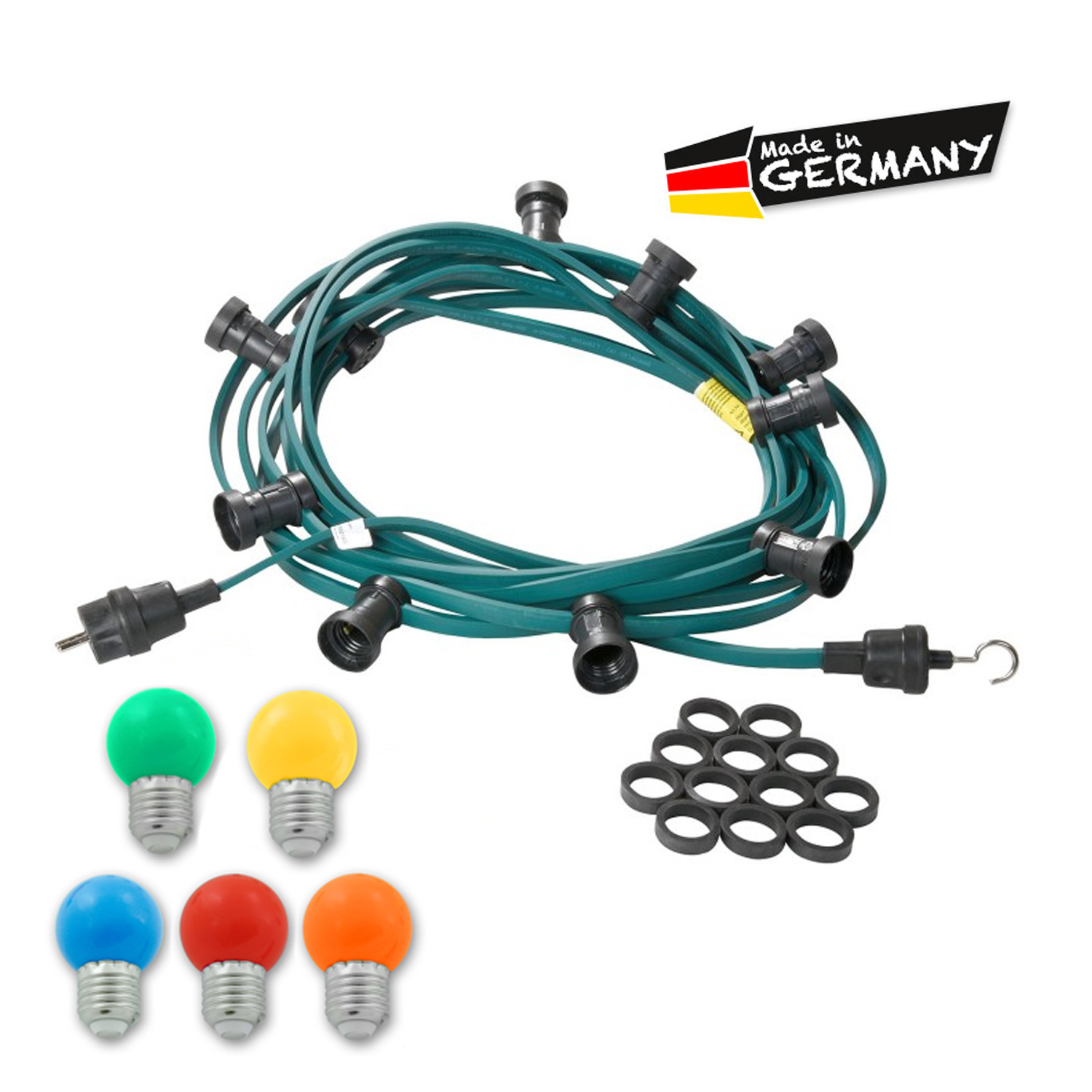 Illu-/Partylichterkette grün 20m - Außenlichterkette - Made in Germany - 30 x bunte LED Kugellampen Illu-/Partylichterkette grün 20m - Außenlichterkette - Made in Germany - 30 x bunte LED Kugellampen