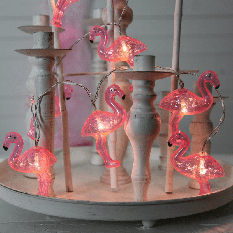 LED Lichterkette "Flamingo" - 10 pinke Flamingos - warmweiße LED - Batterie - Timer - pink