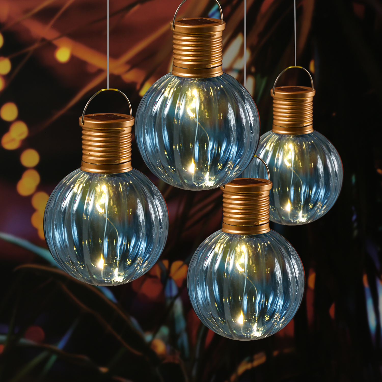 LED Solar Glühbirnen GLOW - Kugelleuchten - wamweiße LED - H: 11cm - Lichtsensor - blau - 4er Set LED Solar Glühbirnen GLOW - Kugelleuchten - wamweiße LED - H: 11cm - Lichtsensor - blau - 4er Set