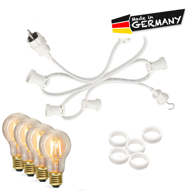 Illu-/Partylichterkette 50m | Außenlichterkette weiß, Made in Germany | 50 Edison LED Filamentlampen