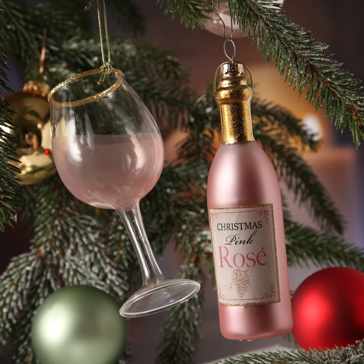 Weihnachtsbaumschmuck ROSÉWEIN - Glas - inkl. Aufhänger - rosa, gold - 2er Set