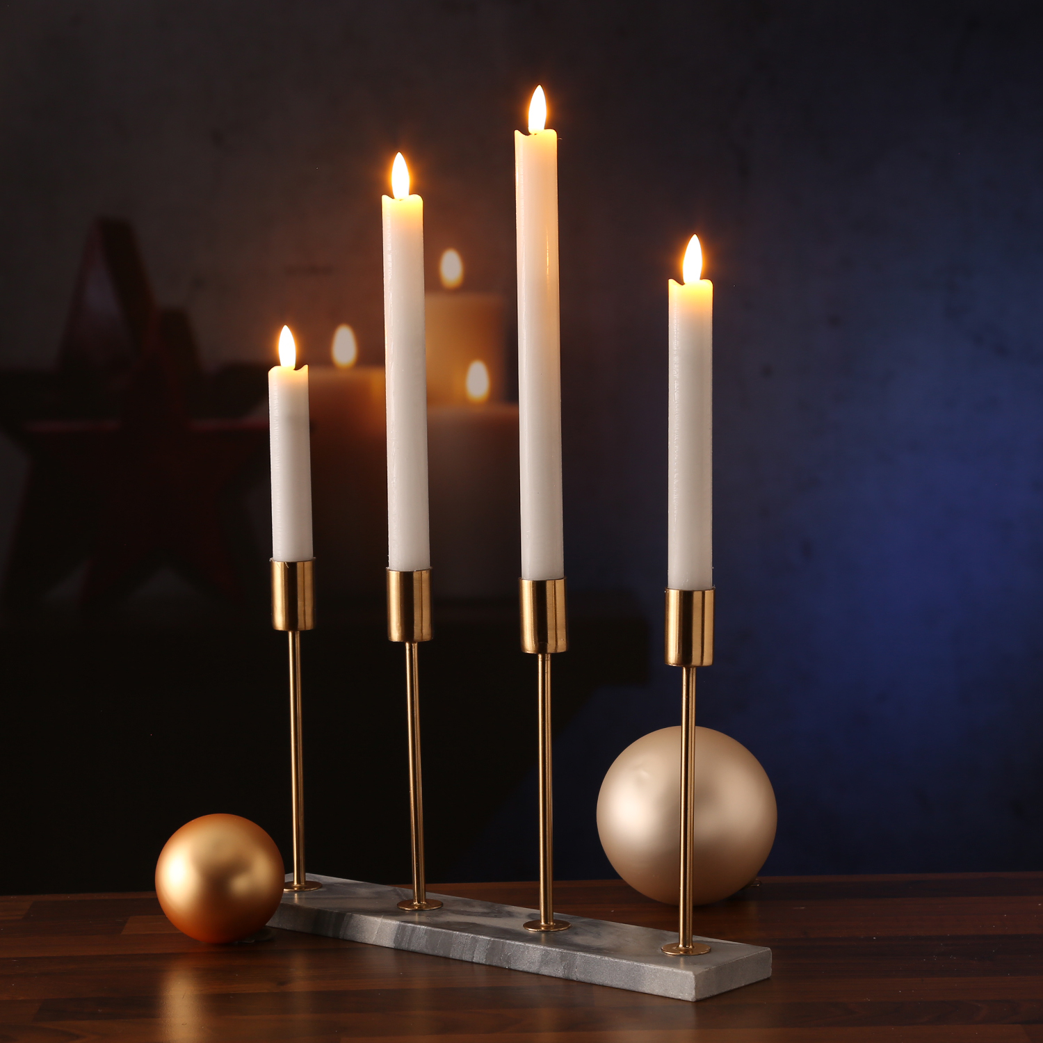 Stabkerzenhalter - Kerzenständer - Marmoroptik - 4 goldfarbene Kerzenhalterungen - H: 20cm