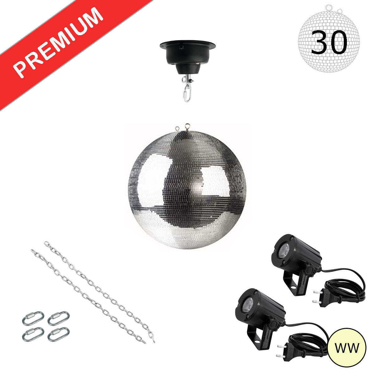 Spiegelkugel Komplettset - Discokugel, Motor, Pinspot, Montagematerial für Diskokugel - Mirrorball Set - Partyset Spiegelkugel Komplettset - Discokugel, Motor, Pinspot, Montagematerial für Diskokugel - Mirrorball Set - Partyset