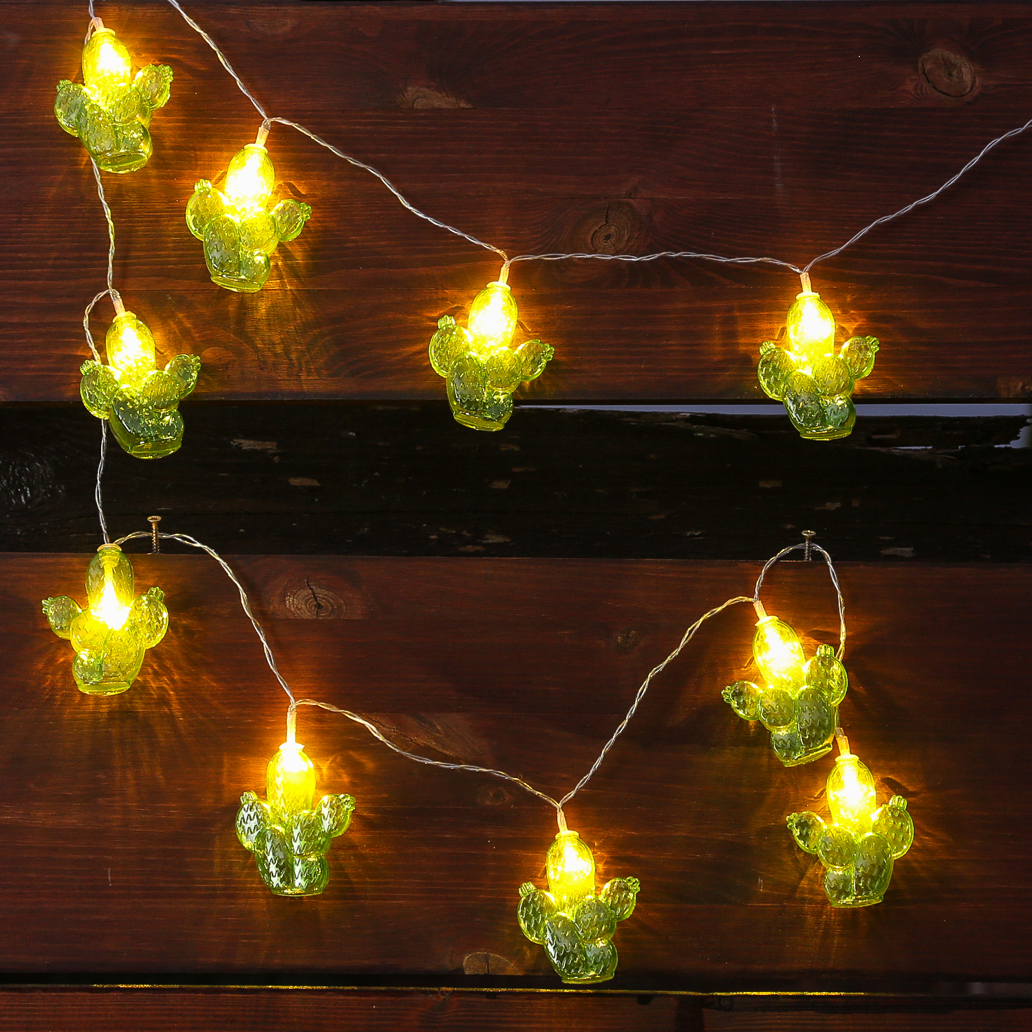 LED Lichterkette Kaktus - 10 warmweiße LED - Batteriebetrieb - L: 1,35m - grün