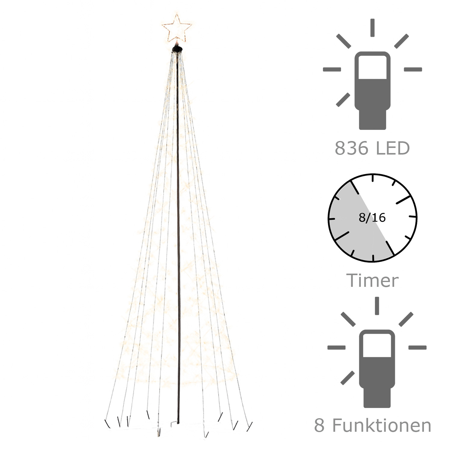 LED Lichterbaum mit Sternspitze - LED Baum outdoor - 836 funkelnde bernstein LED - H: 5m - Timer