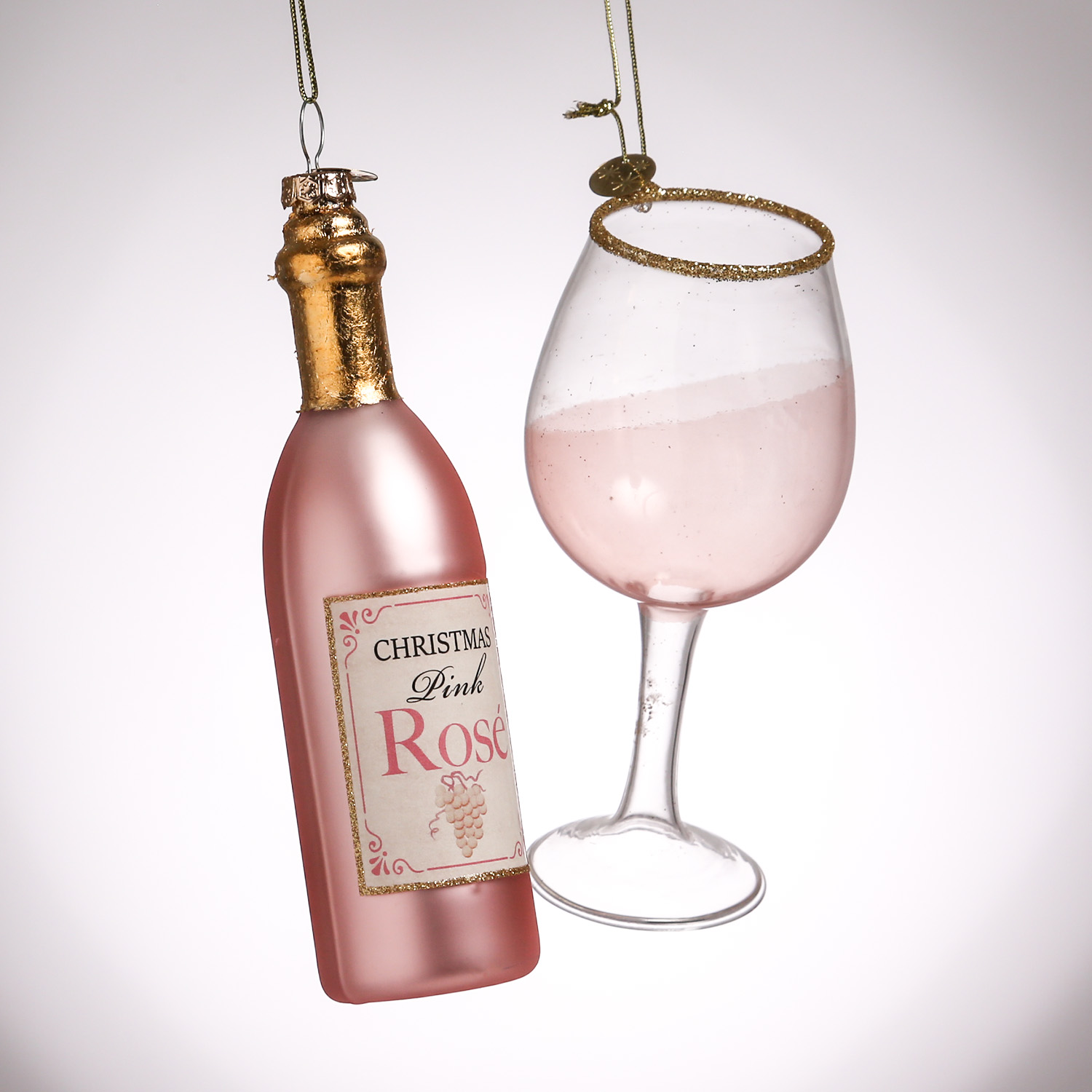 Weihnachtsbaumschmuck ROSÉWEIN - Glas - inkl. Aufhänger - rosa, gold - 2er Set