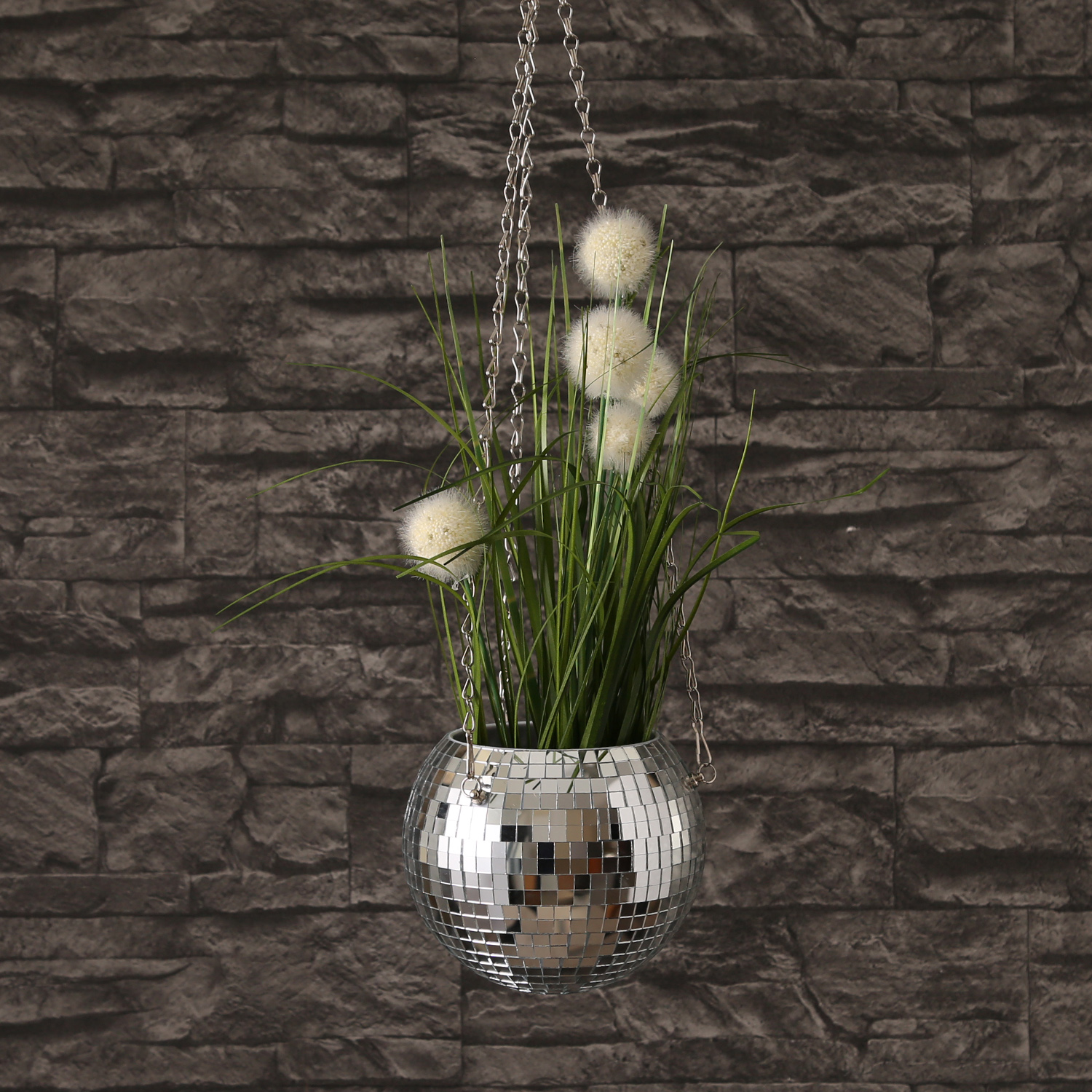 Blumenampel Discokugel 15cm silber - Spiegelkugel als Blumentopf