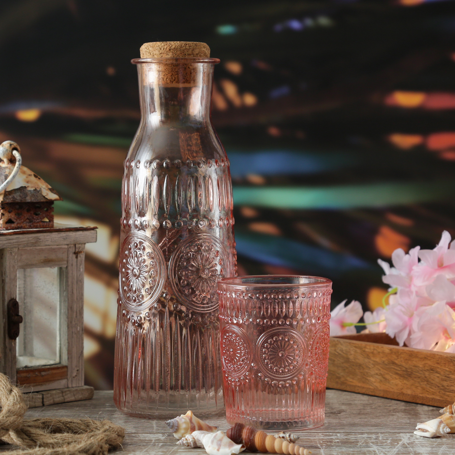 Trinkgläser Vintage - Glas - lebensmittelecht - 280ml - H: 10cm - mit Muster - rot - 4er Set