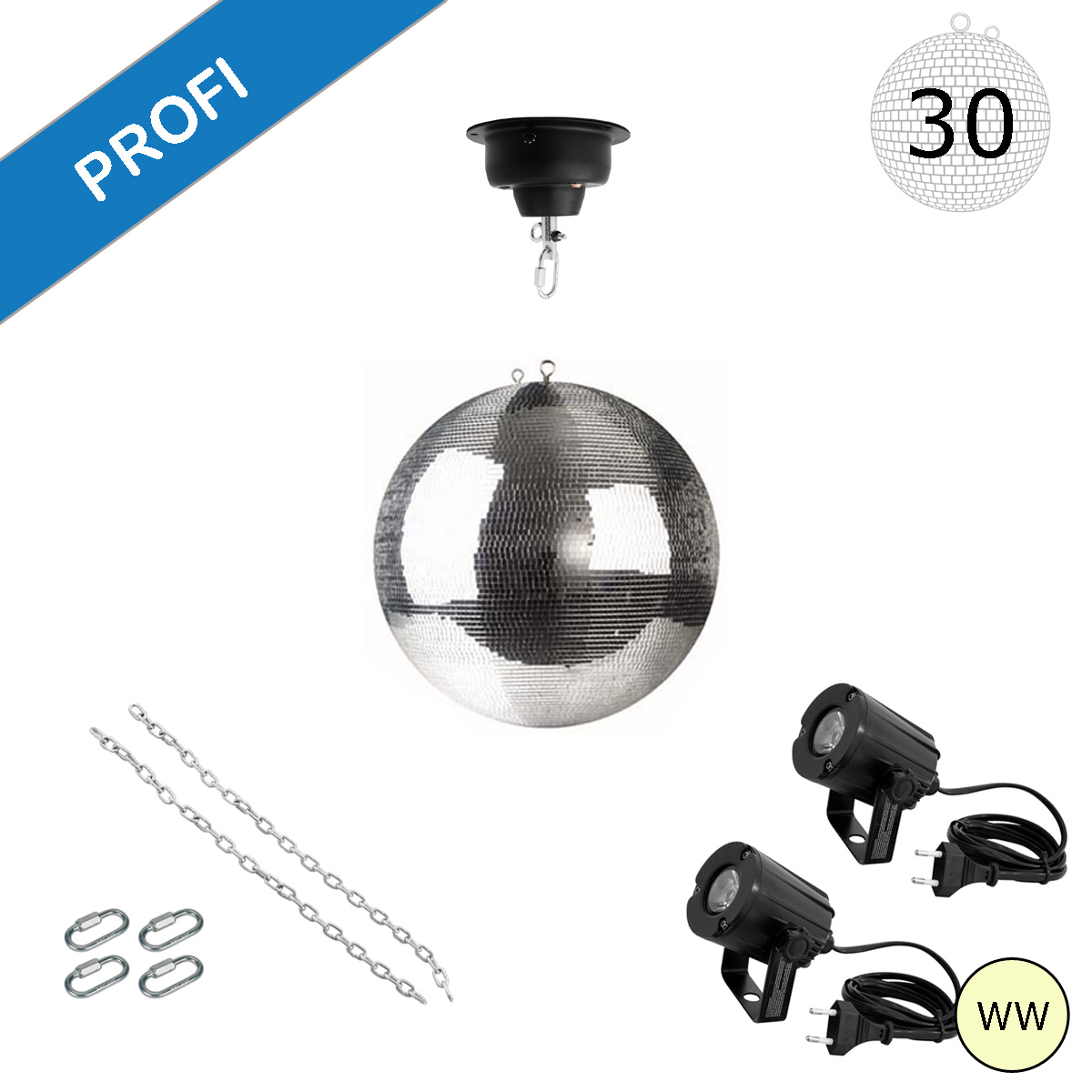 Spiegelkugel Komplettset - Discokugel, Motor, Pinspot, Montagematerial für Diskokugel - Mirrorball Set - Partyset Spiegelkugel Komplettset - Discokugel, Motor, Pinspot, Montagematerial für Diskokugel - Mirrorball Set - Partyset