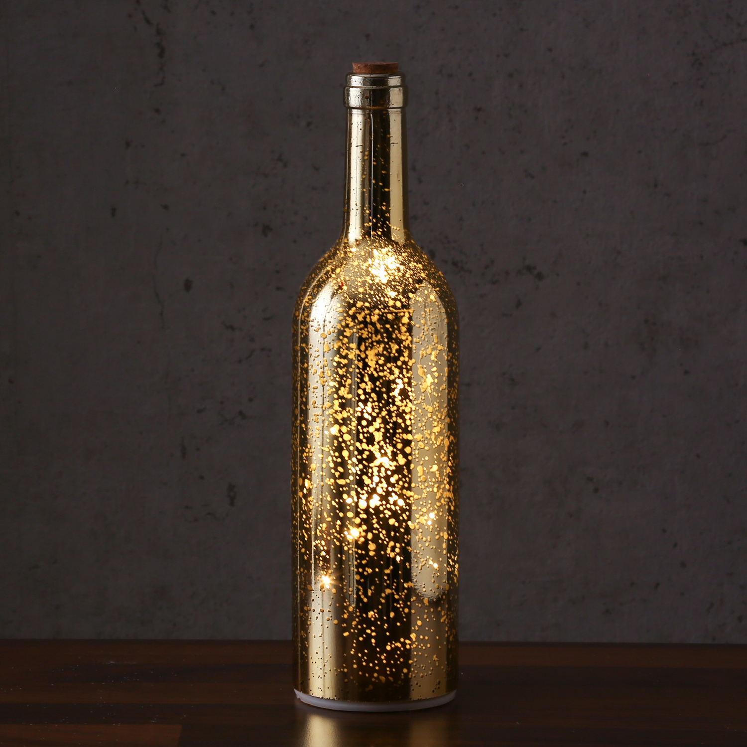 LED Dekoflasche - 8 warmweiße flackernde LED - D: 7,5cm - H: 30cm - Batterie - Timer - gold metallic