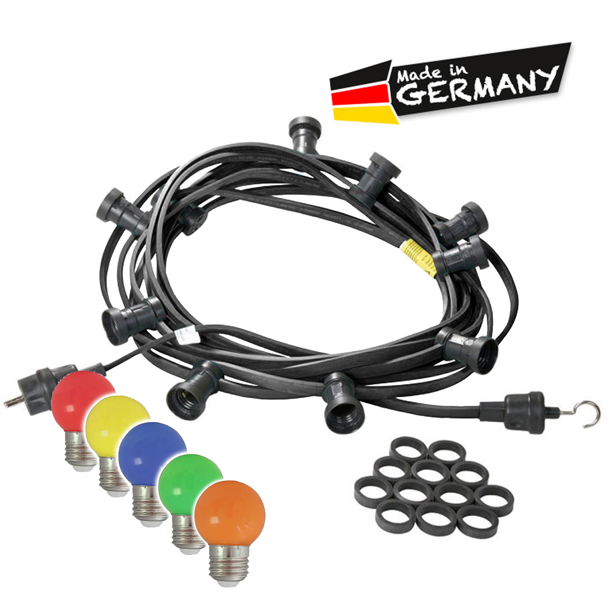 Illu-/Partylichterkette 20m - Außenlichterkette - Made in Germany - 30 x bunte LED Kugellampen Illu-/Partylichterkette 20m - Außenlichterkette - Made in Germany - 30 x bunte LED Kugellampen