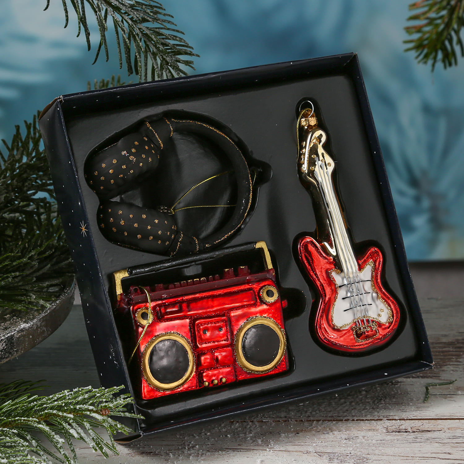 Weihnachtsbaumschmuck MUSIKSET - Glas - inkl.Aufhänger - Kopfhörer, Gitarre, Ghettoblaster - 3er Set