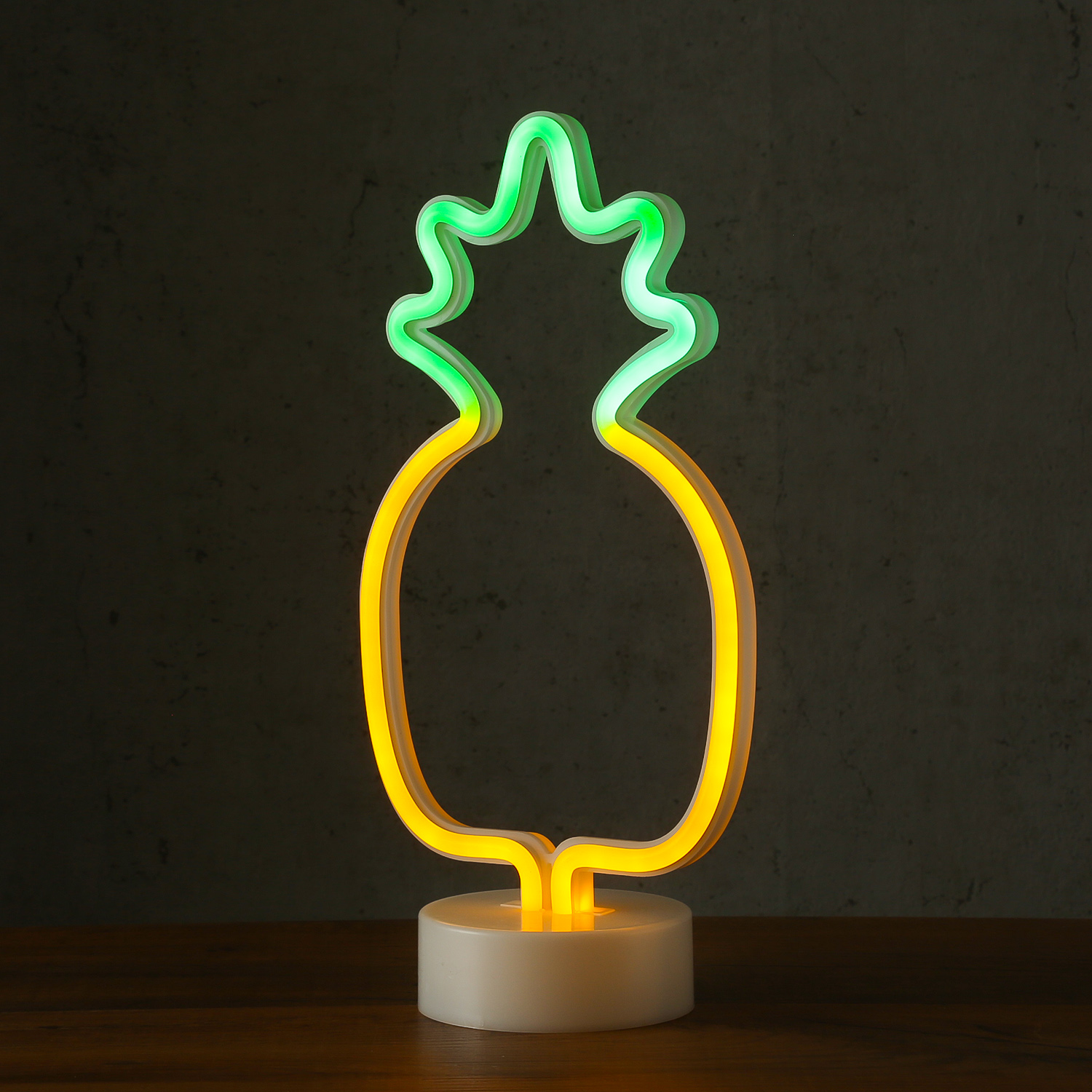LED Neonlampe ANANAS - Silhouette Dekoleuchte - Batteriebetrieb - H: 32,5cm - stehend - gelb, grün