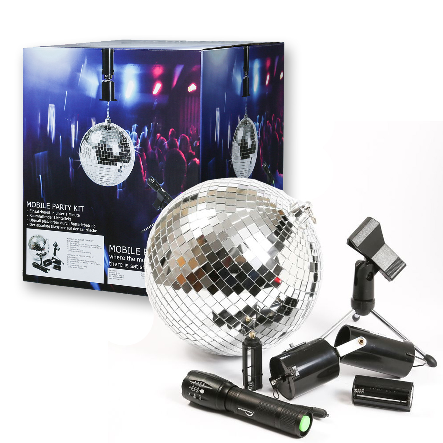 SATISFIRE Discokugel Set - Mobile Party Kit - 20cm Kugel, Motor, Spot, Stativ SATISFIRE Discokugel Set - Mobile Party Kit - 20cm Kugel, Motor, Spot, Stativ