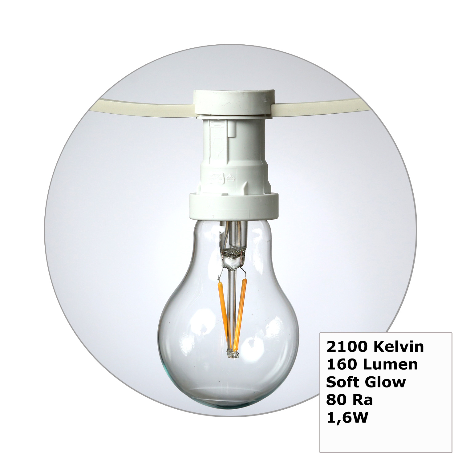 Illu-/Partylichterkette 10m - Außenlichterkette weiß - Made in Germany- 20 Edison LED Filamentlampen Illu-/Partylichterkette 10m - Außenlichterkette weiß - Made in Germany- 20 Edison LED Filamentlampen