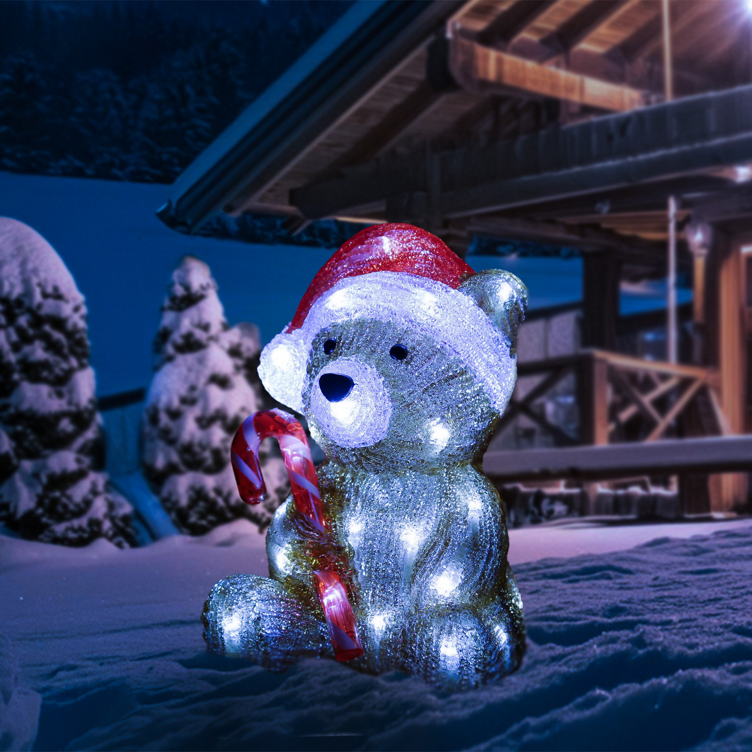 LED Bär mit Zuckerstange - Acryl Tierfigur - 32 kaltweiße LED - H: 24cm - Timer - Batteriebetrieb