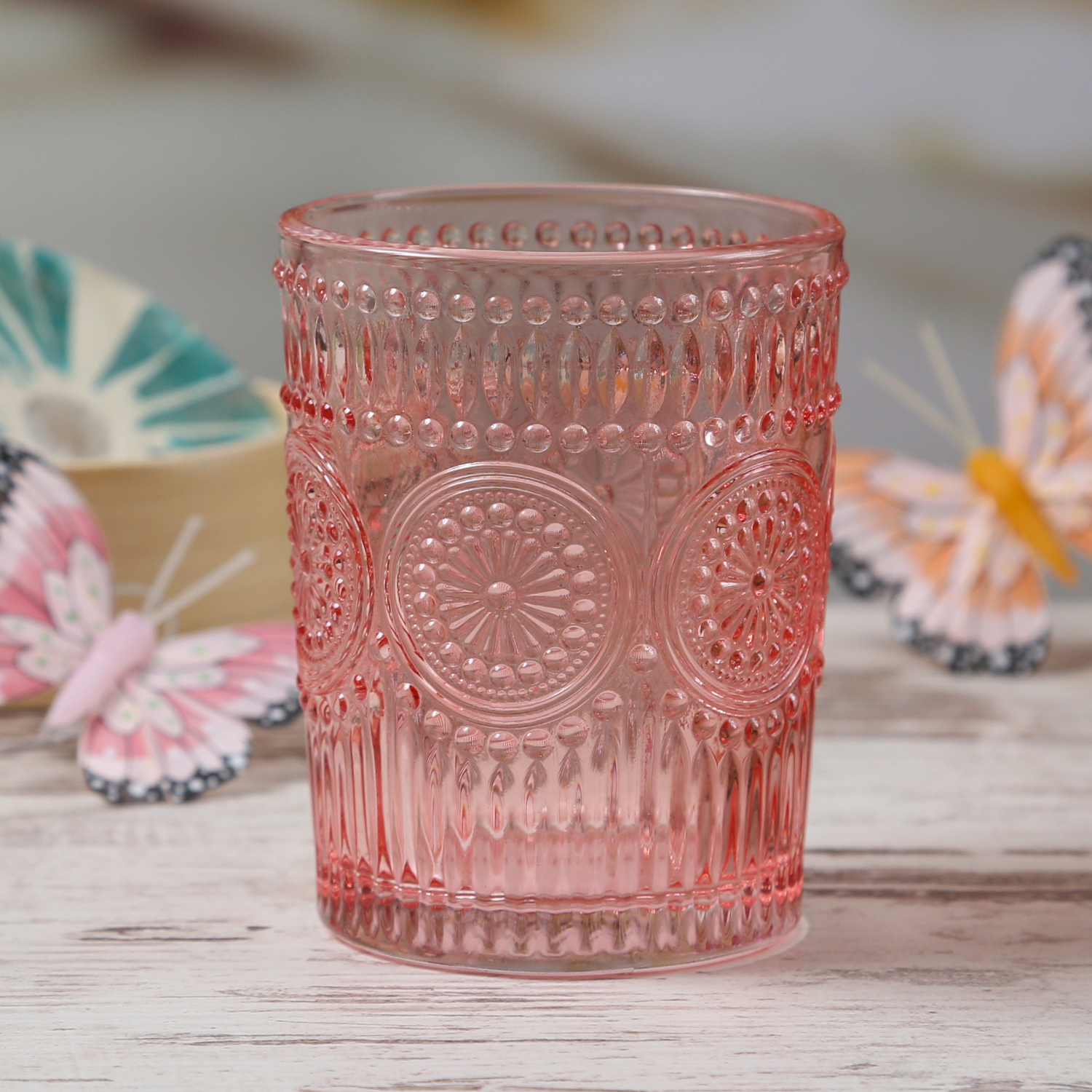 Trinkglas Vintage - Glas - lebensmittelecht - 280ml - H: 10cm - mit Muster - rosa Trinkglas Vintage - Glas - lebensmittelecht - 280ml - H: 10cm - mit Muster - rosa