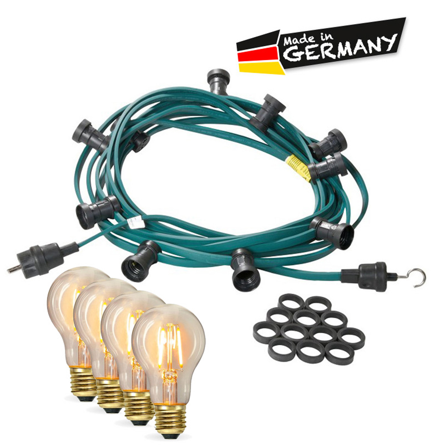 Illu-/Partylichterkette 30m - Außenlichterkette grün - Made in Germany - 50x Edison LED Filament Illu-/Partylichterkette 30m - Außenlichterkette grün - Made in Germany - 50x Edison LED Filament