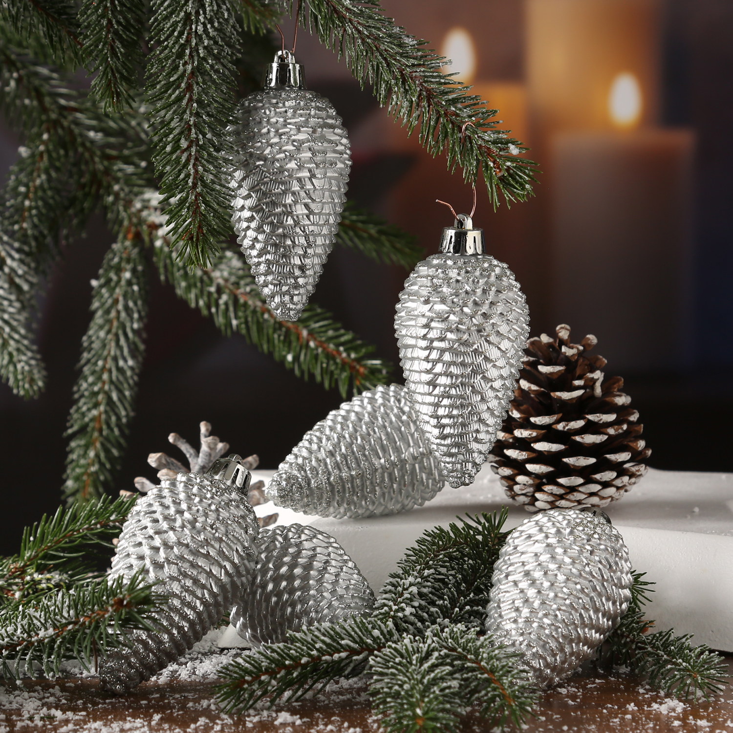 Christbaumschmuck ZAPFEN - Weihnachtsbaumschmuck - bruchfest - glitzernd - H: 8cm - silber - 6er Set