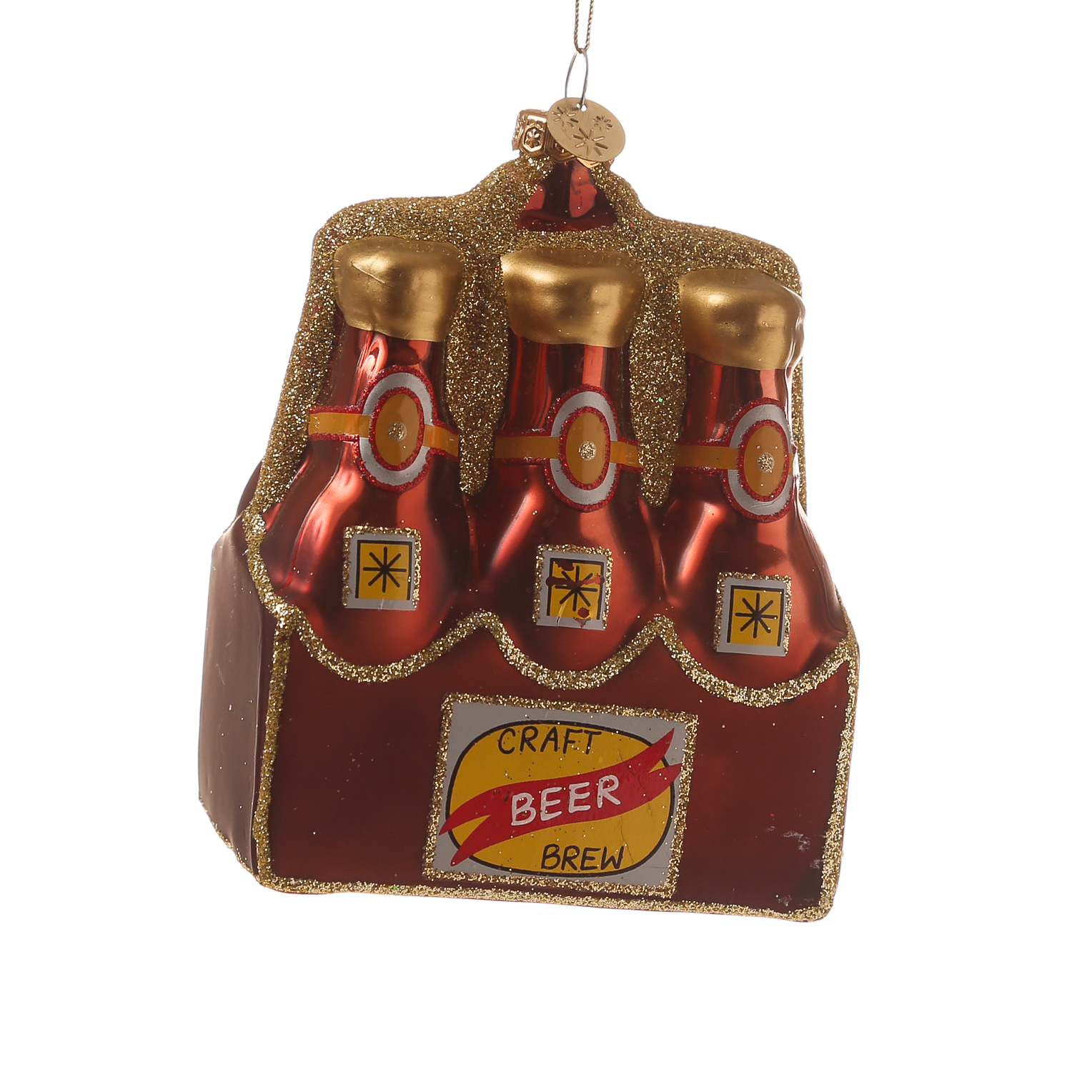 Weihnachtsbaumschmuck SIXPACK Craftbeer - Glas - inkl. Aufhänger - H: 11,7cm - braun, gold