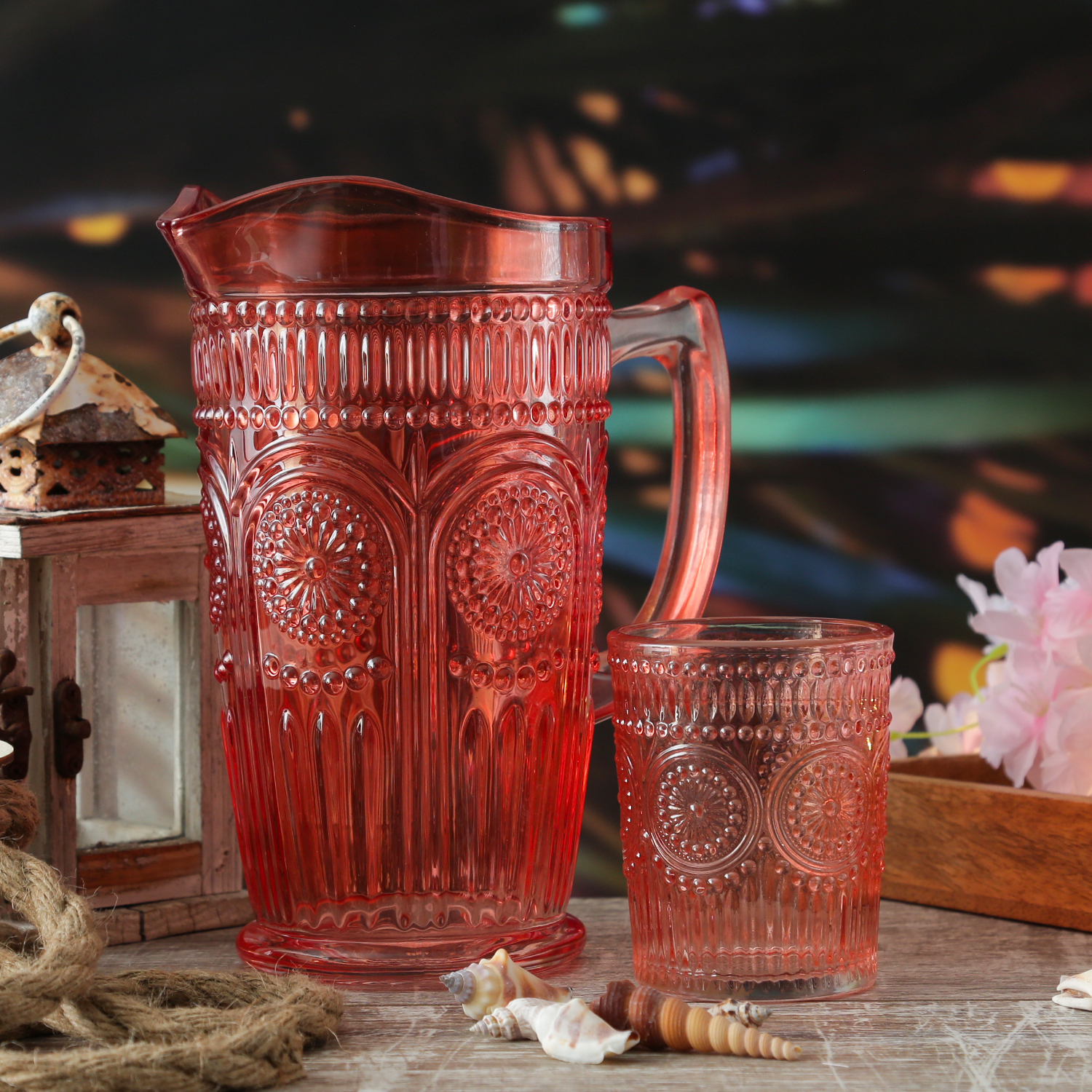 Trinkglas Vintage - Glas - lebensmittelecht - 280ml - H: 10cm - mit Muster - rosa