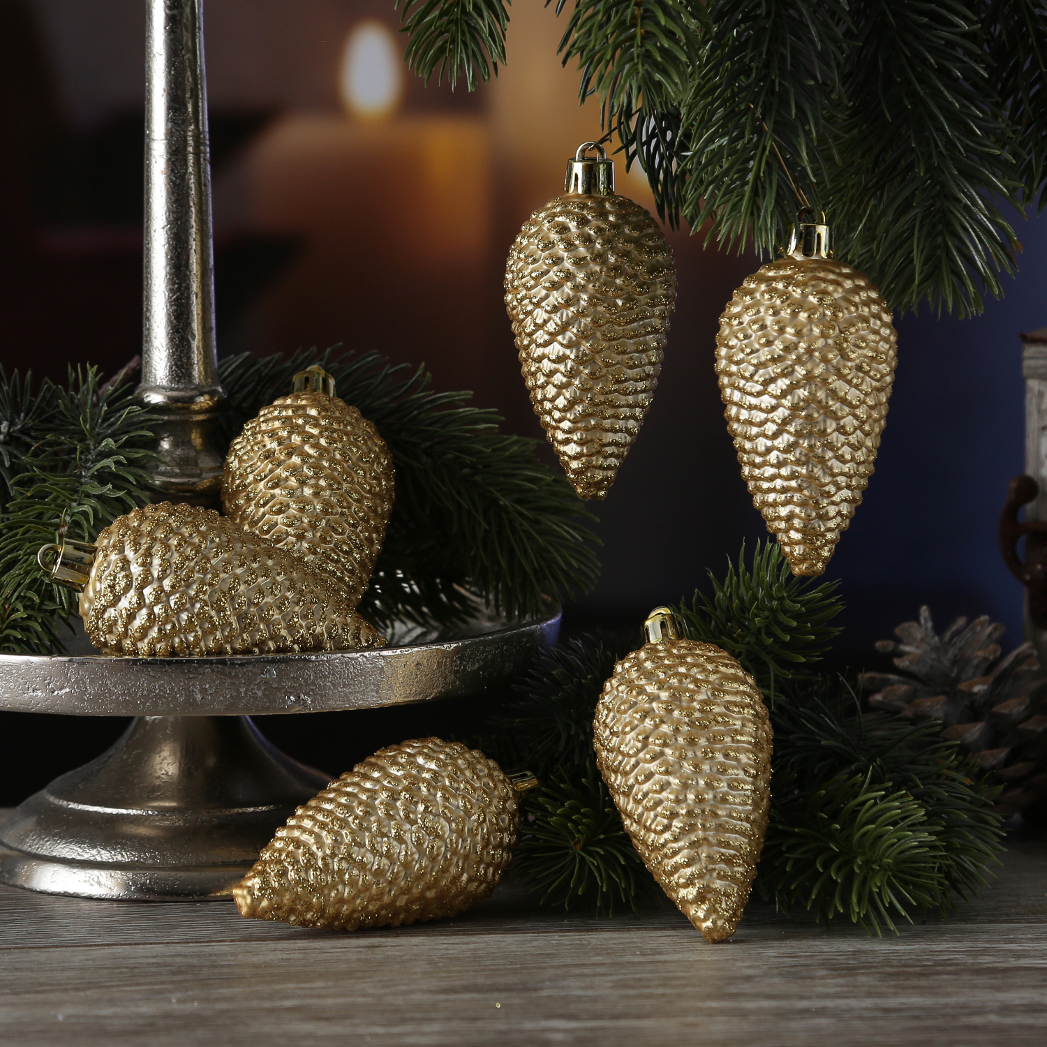 Christbaumschmuck ZAPFEN - Weihnachtsbaumschmuck - bruchfest - glitzernd - H- 8cm - gold - 6er Set