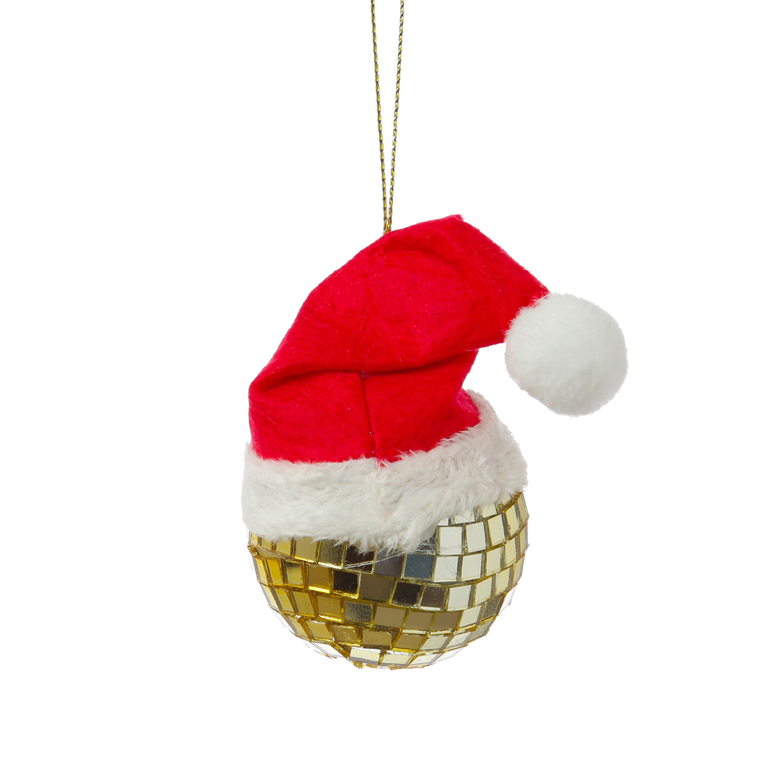 Weihnachtsbaumschmuck DISCOKUGEL mit Nikolausmütze - H: 7cm - gold