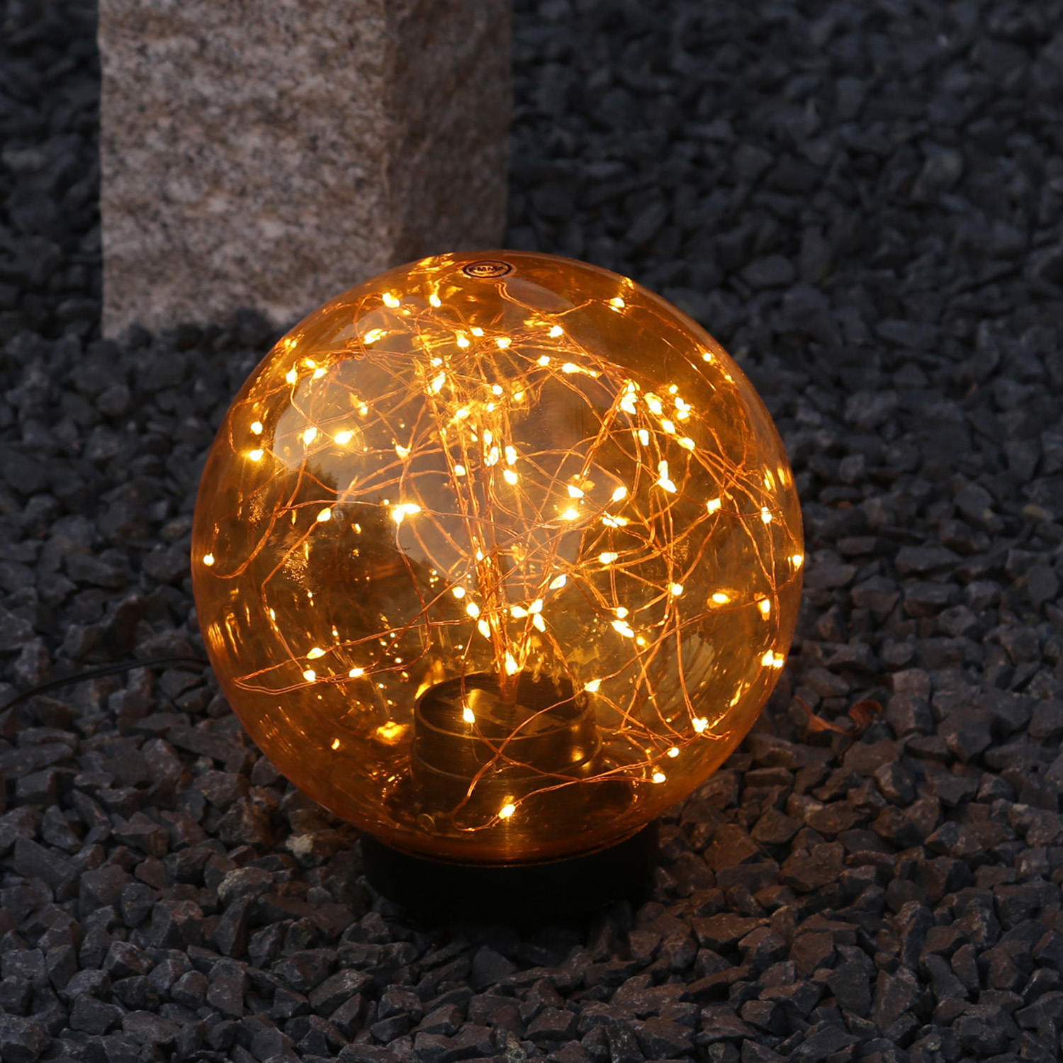 LED Kugel mit Drahtlicherkette - stehend - 100 bernsteinfarbene LED - D: 25cm - f. Außen - amber