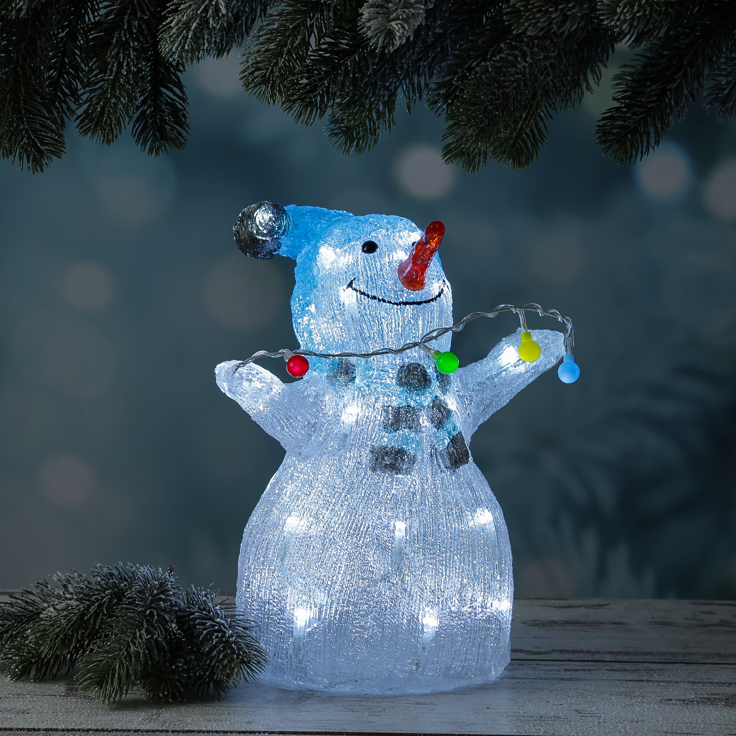 LED Schneemann mit Lichterkette - Acrylfigur - 30 kaltweiße LED - H: 30cm - Timer - für Außen