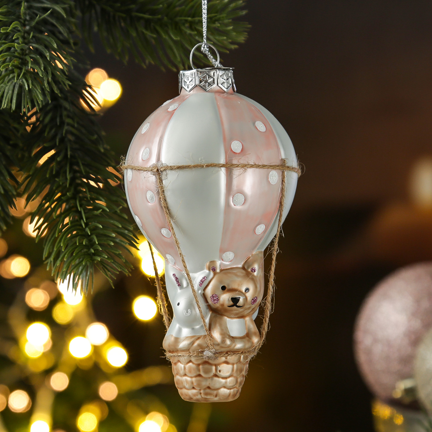 Weihnachtsbaumschmuck BALLON mit Bärchen und Hase - Glas - H: 13cm - rosa