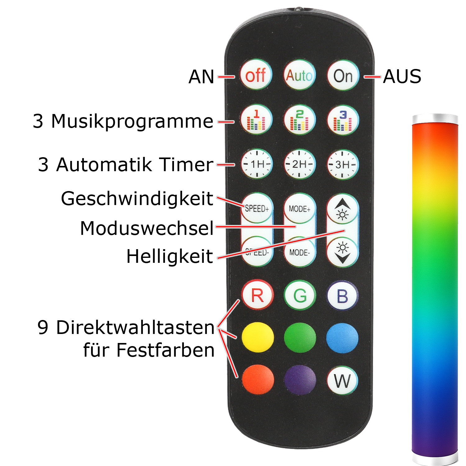 LED COLOR TUBE RAINBOW Lichtsäule - 1m - RGB Farbwechsel - Fernbedienung