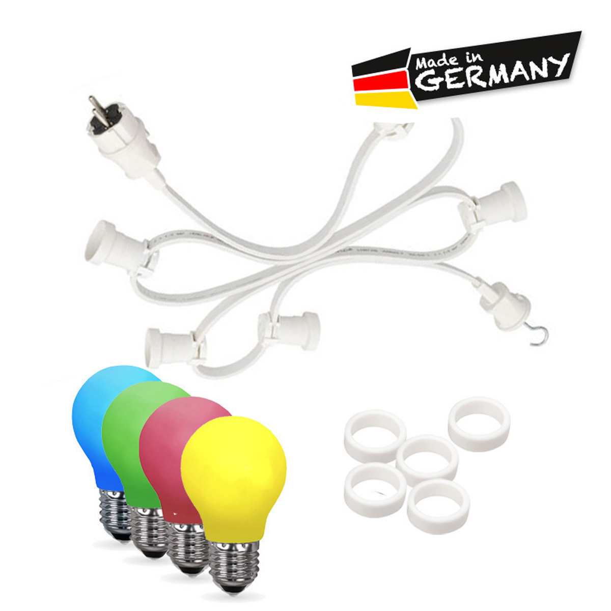 Illu-/Partylichterkette 30m | Außenlichterkette weiß | Made in Germany | 50 x bunte LED Tropfenlampe Illu-/Partylichterkette 30m | Außenlichterkette weiß | Made in Germany | 50 x bunte LED Tropfenlampe