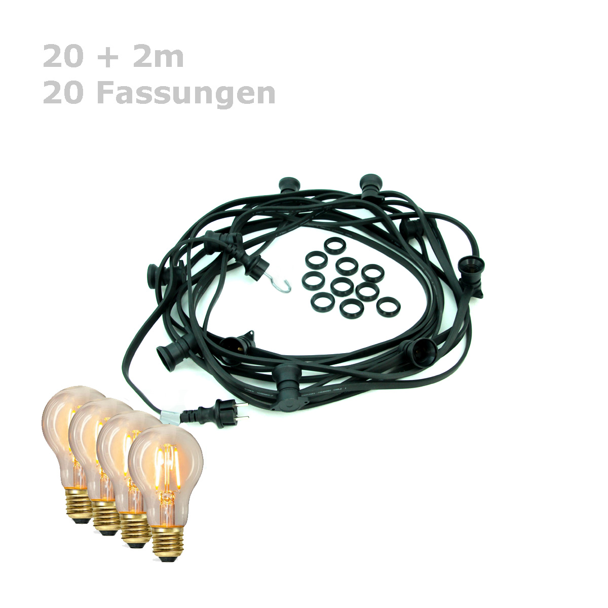 ILLU-Lichterkette BLACKY - 20m - 20xE27 | IP44 | warmweiße EDISON LED Filamentlampen | SATISFIRE