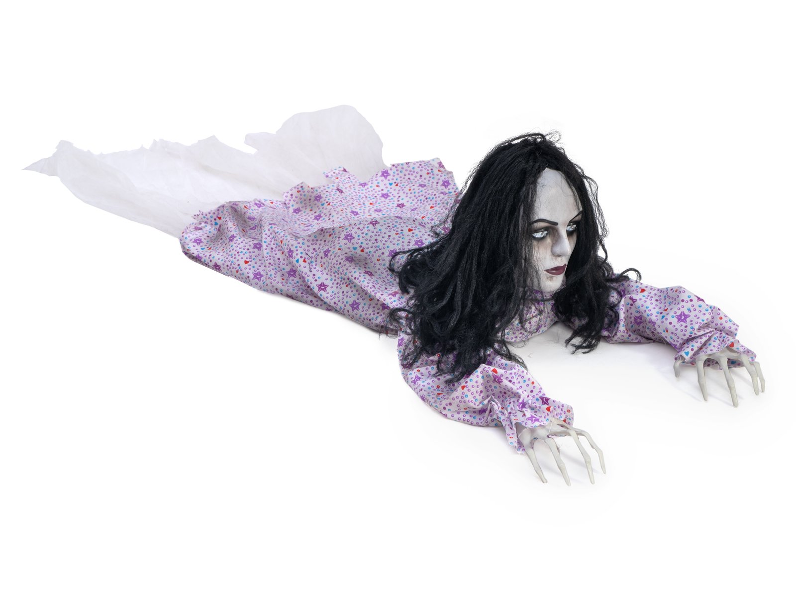 Kriechende Zombiefrau - bewegte 150cm Halloween Figur mit Licht und Geräuscheffekten - Sensor