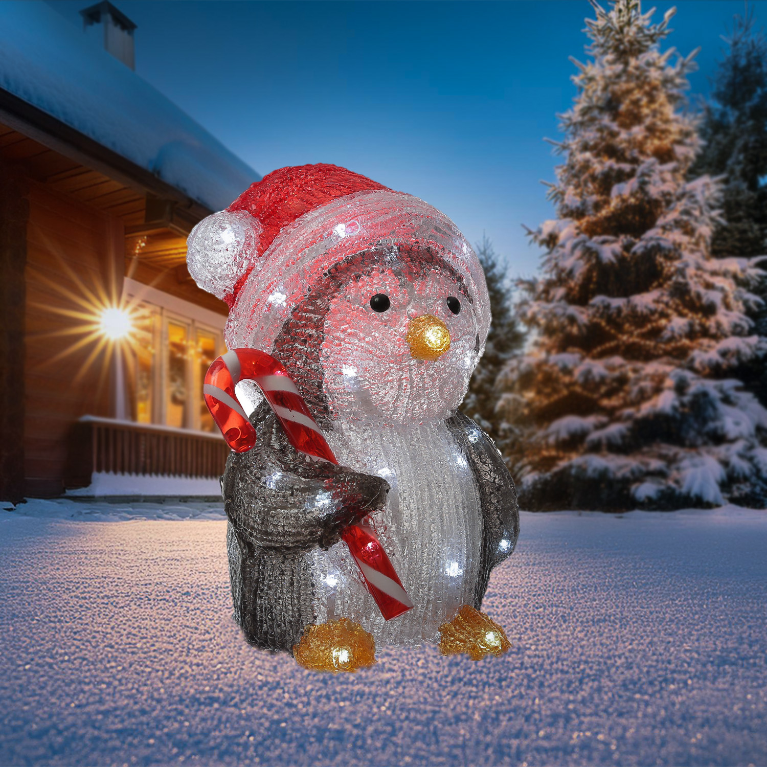 LED Pinguin mit Zuckerstange - Acrylfigur - 32 kaltweiße LED - H: 24cm - Timer - Batteriebetrieb LED Pinguin mit Zuckerstange - Acrylfigur - 32 kaltweiße LED - H: 24cm - Timer - Batteriebetrieb