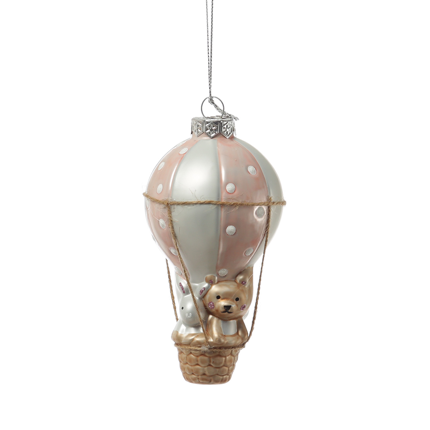 Weihnachtsbaumschmuck BALLON mit Bärchen und Hase - Glas - H: 13cm - rosa