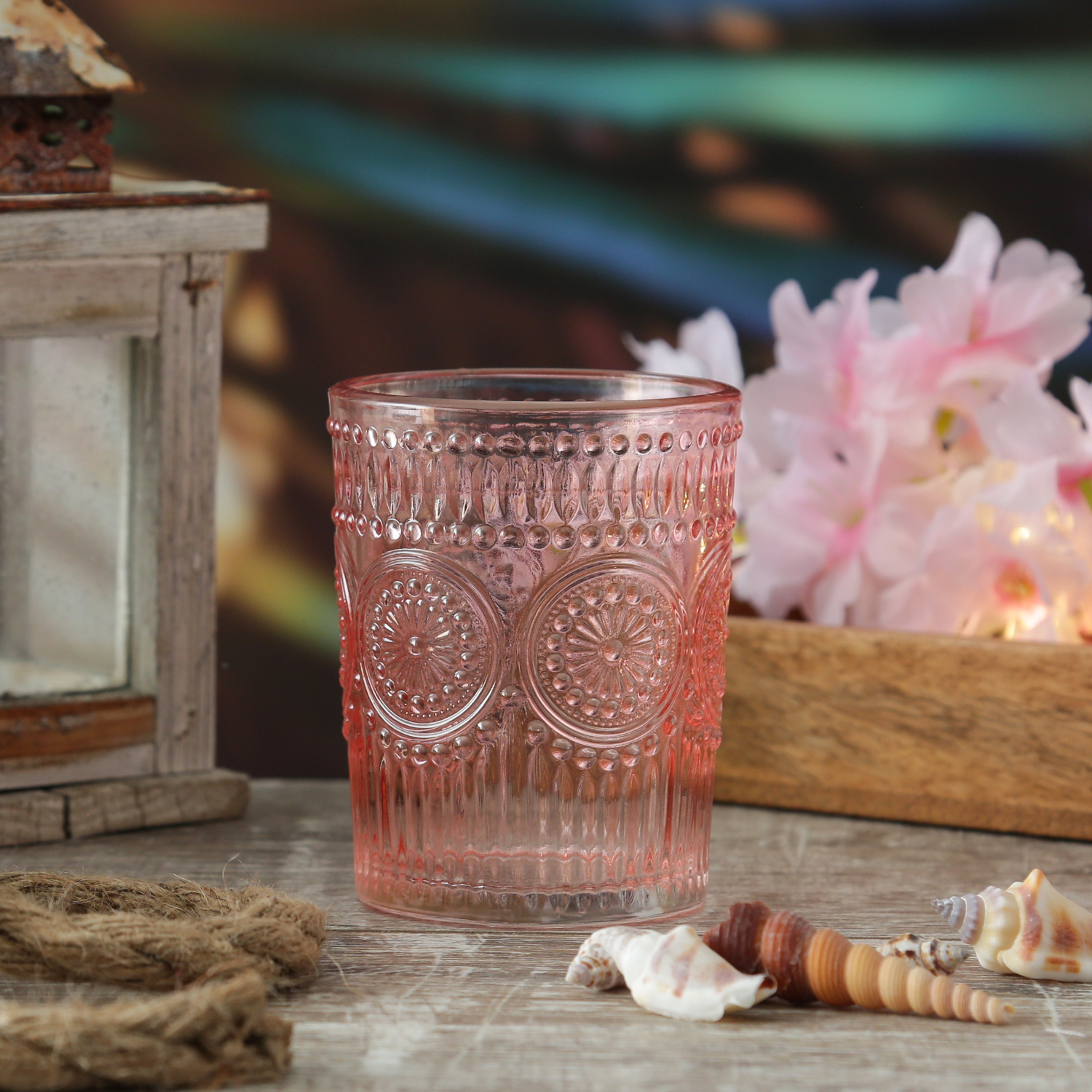 Trinkgläser Vintage - Glas - lebensmittelecht - 280ml - H: 10cm - mit Muster - rosa - 4er Set