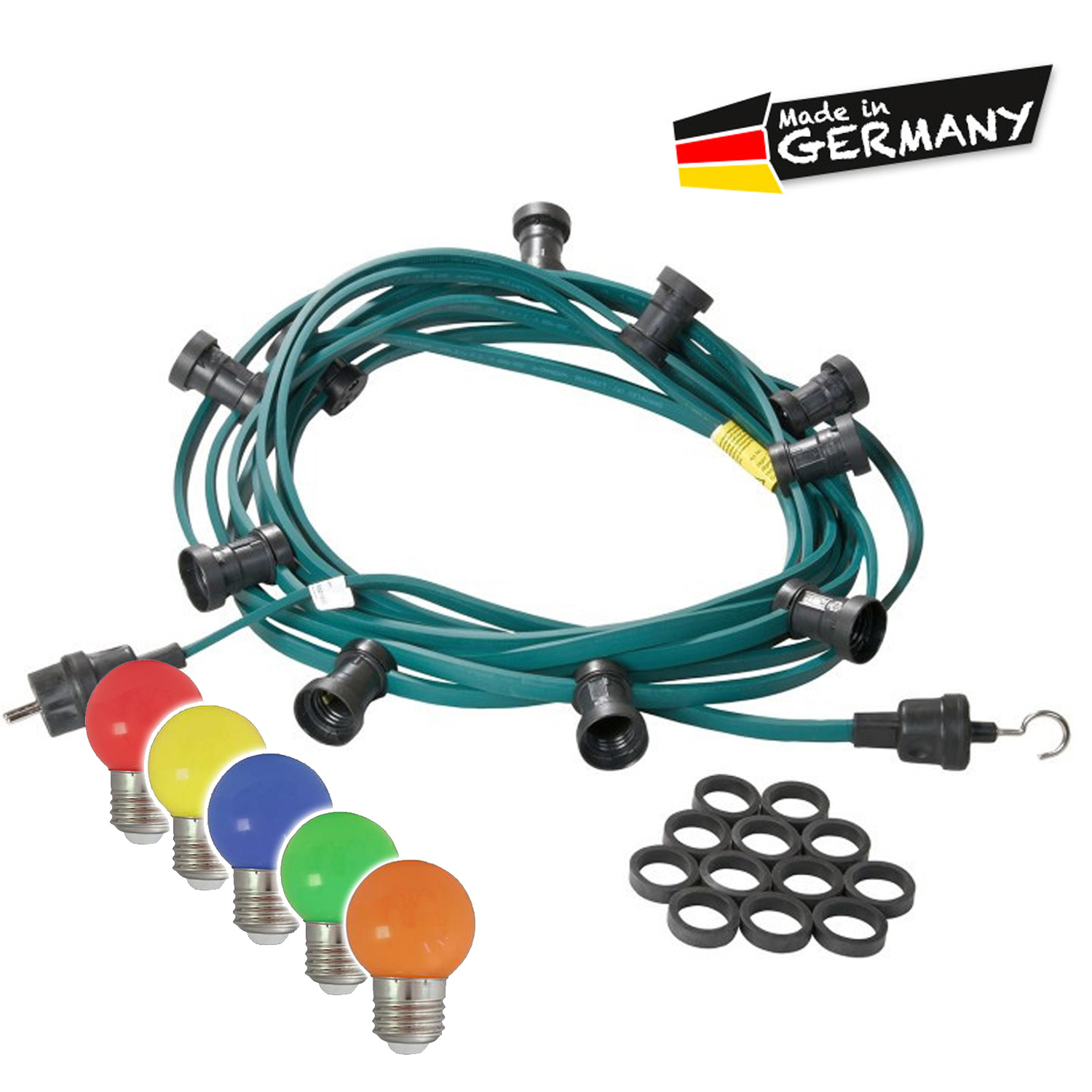 Illu-/Partylichterkette 10m - Außenlichterkette grün - Made in Germany - 30 x bunte LED Kugellampen Illu-/Partylichterkette 10m - Außenlichterkette grün - Made in Germany - 30 x bunte LED Kugellampen