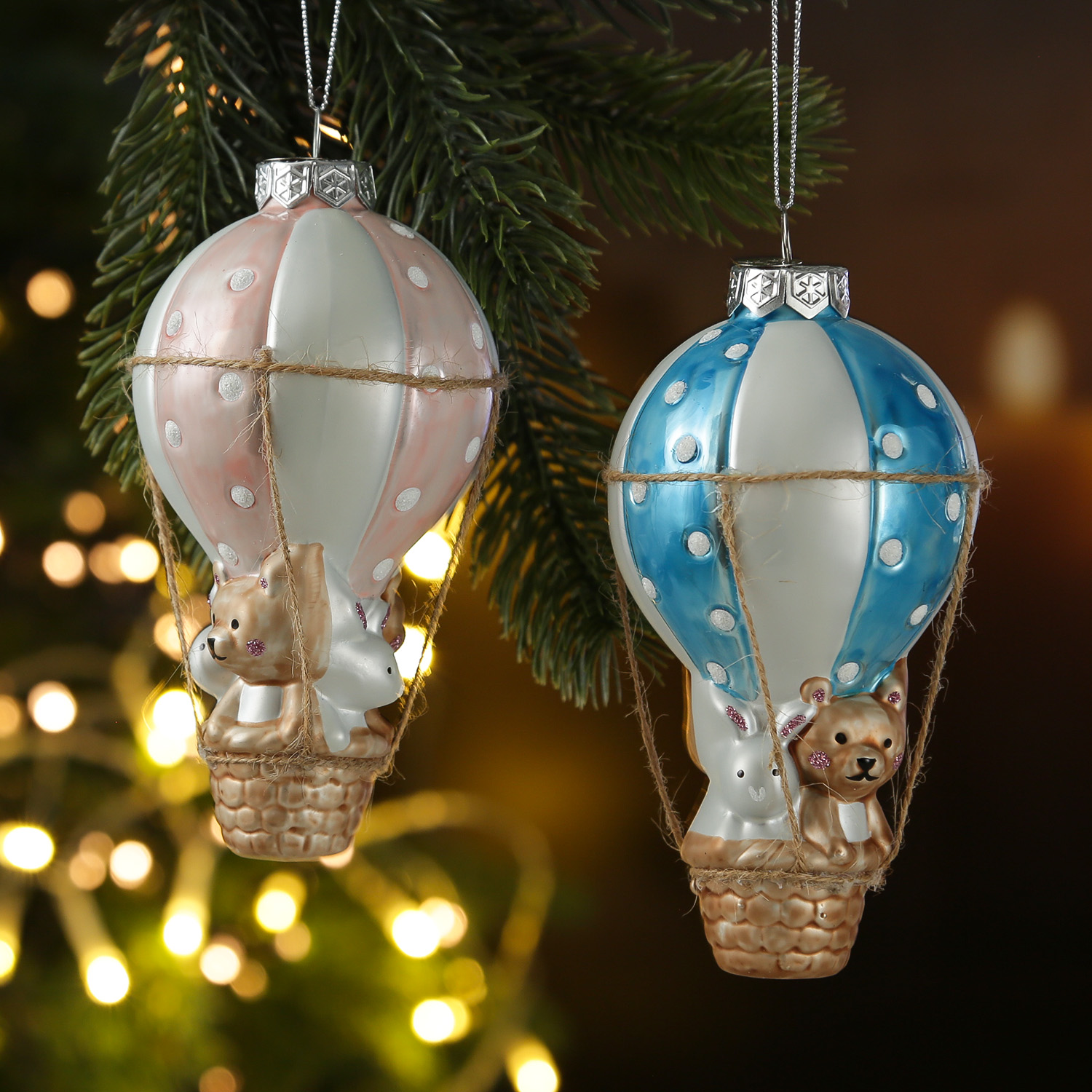 Weihnachtsbaumschmuck BALLON mit Bärchen und Hase - Glas - H: 13cm - blau