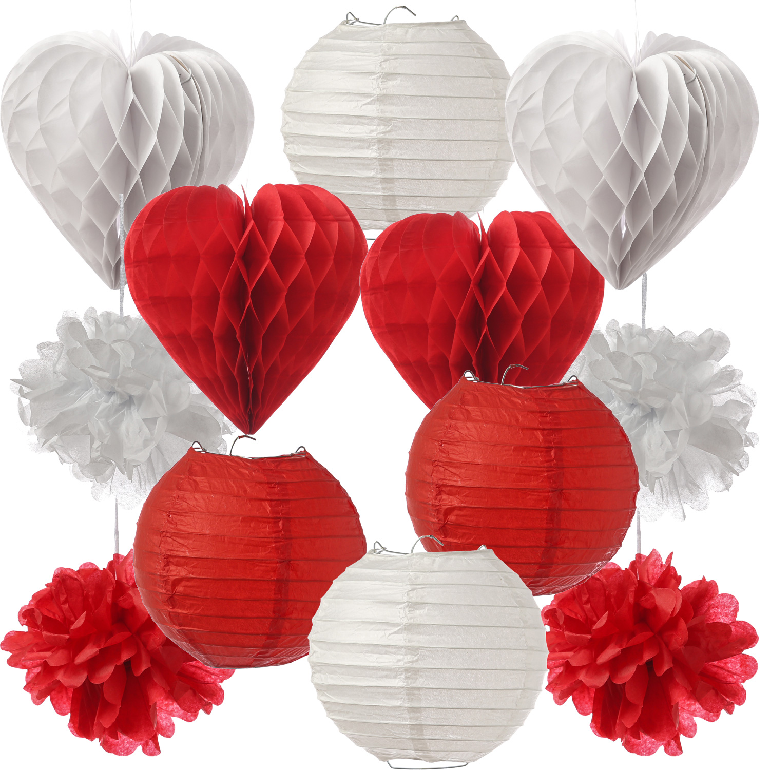 Partyset Papierdekoration 12 Teilig - rot/weiß Lampion, Pompon, Herzen