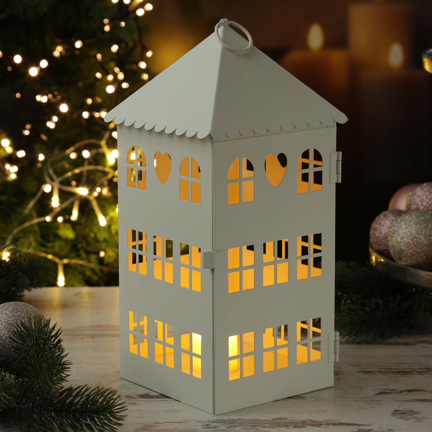 Laternen in Hausform mit Herz - 2er Set Metallhäuser - Lichthäuser - H: 30cm/23cm - weiß