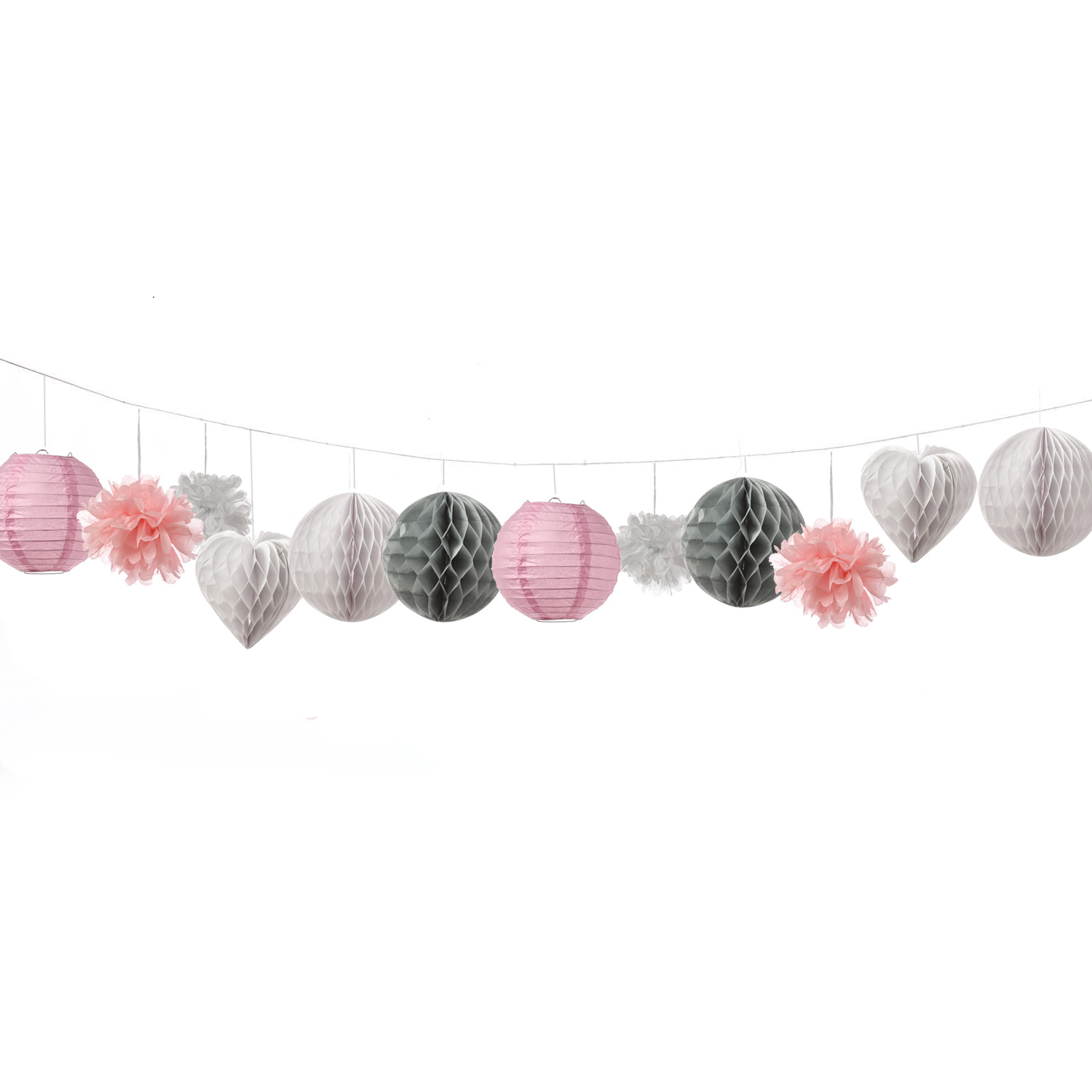 4x Partyset Papierdekoration 12 Teilig - grau/weiß/rosa Lampion, Pompon