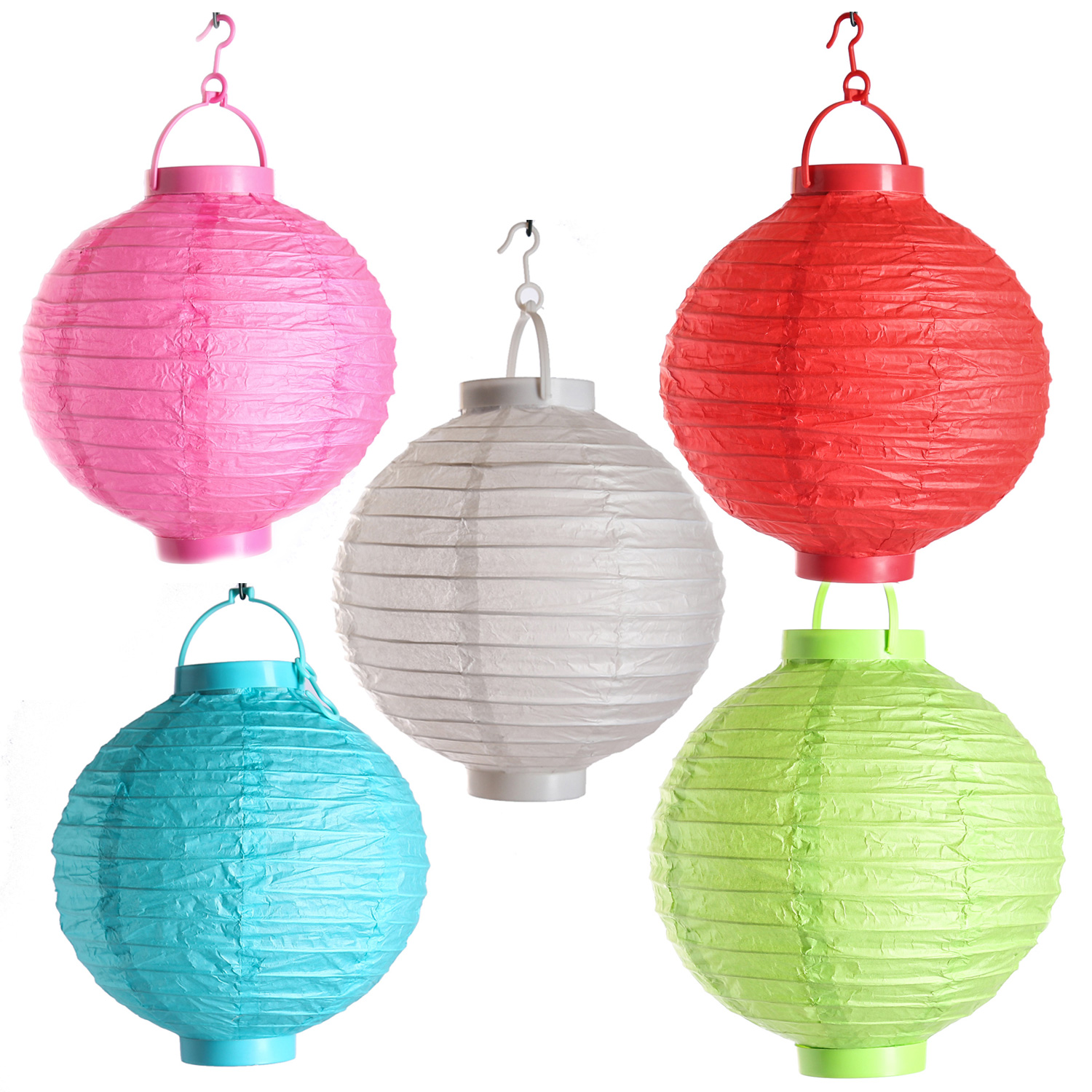 LED Lampion FESTIVAL - kaltweiße LED - D: 20cm - Montagehaken - 5er Set bunt