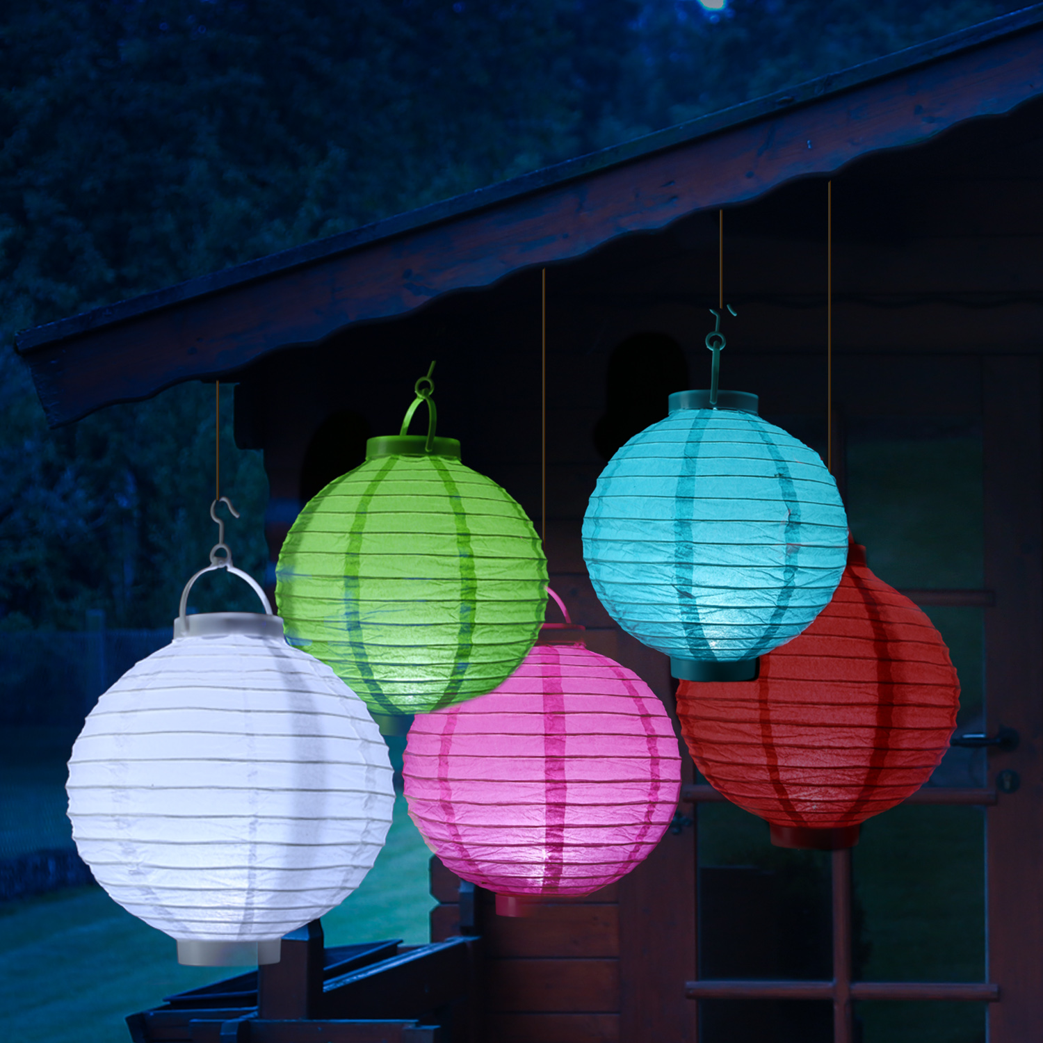 LED Lampion FESTIVAL - Papierlaterne - kaltweiße LED - D: 30cm - Montagehaken - 5er Set weiß