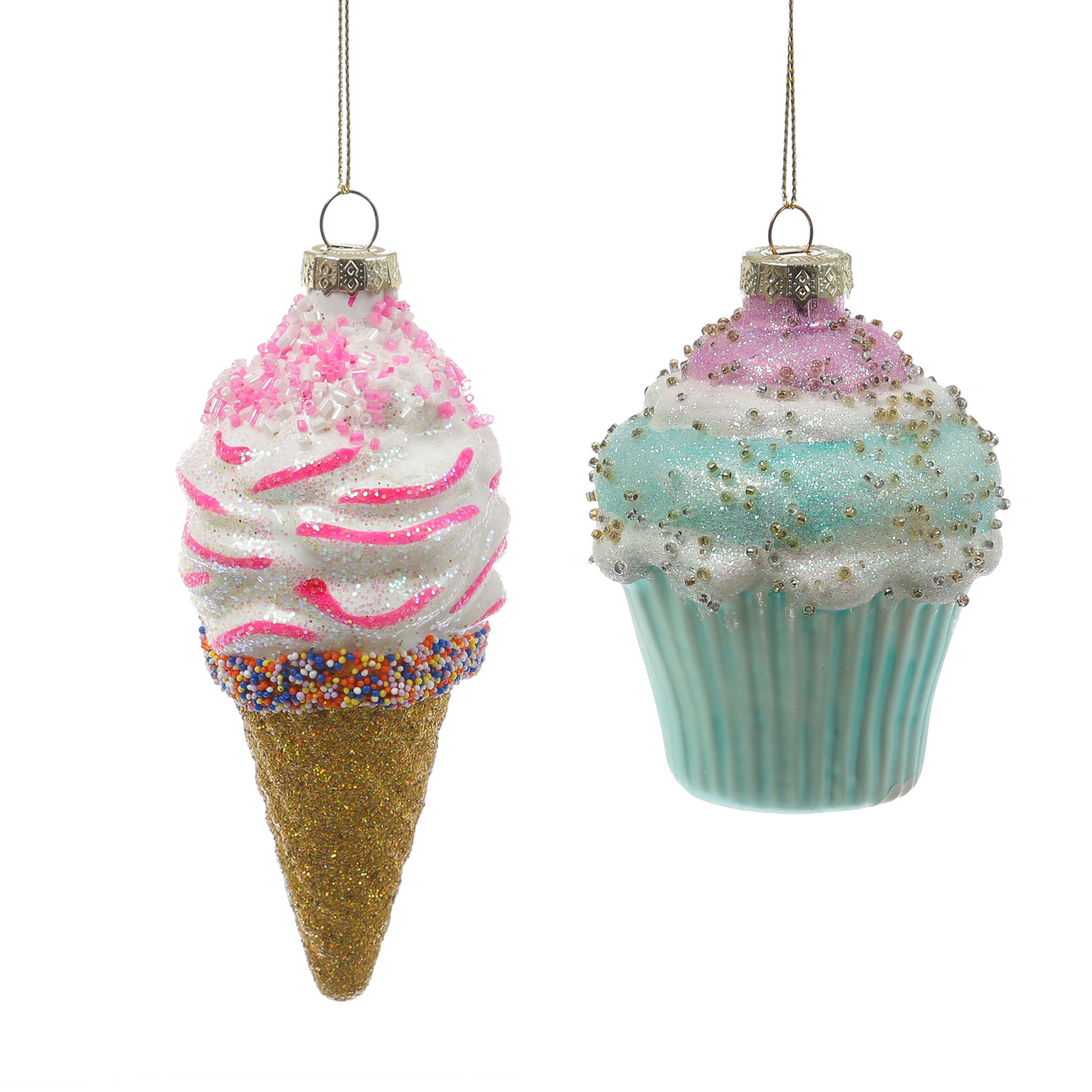 Weihnachtsbaumschmuck Eis/Cupcake - mit Perlen verziert - Glas - Christbaumschmuck - H: 13cm/10cm