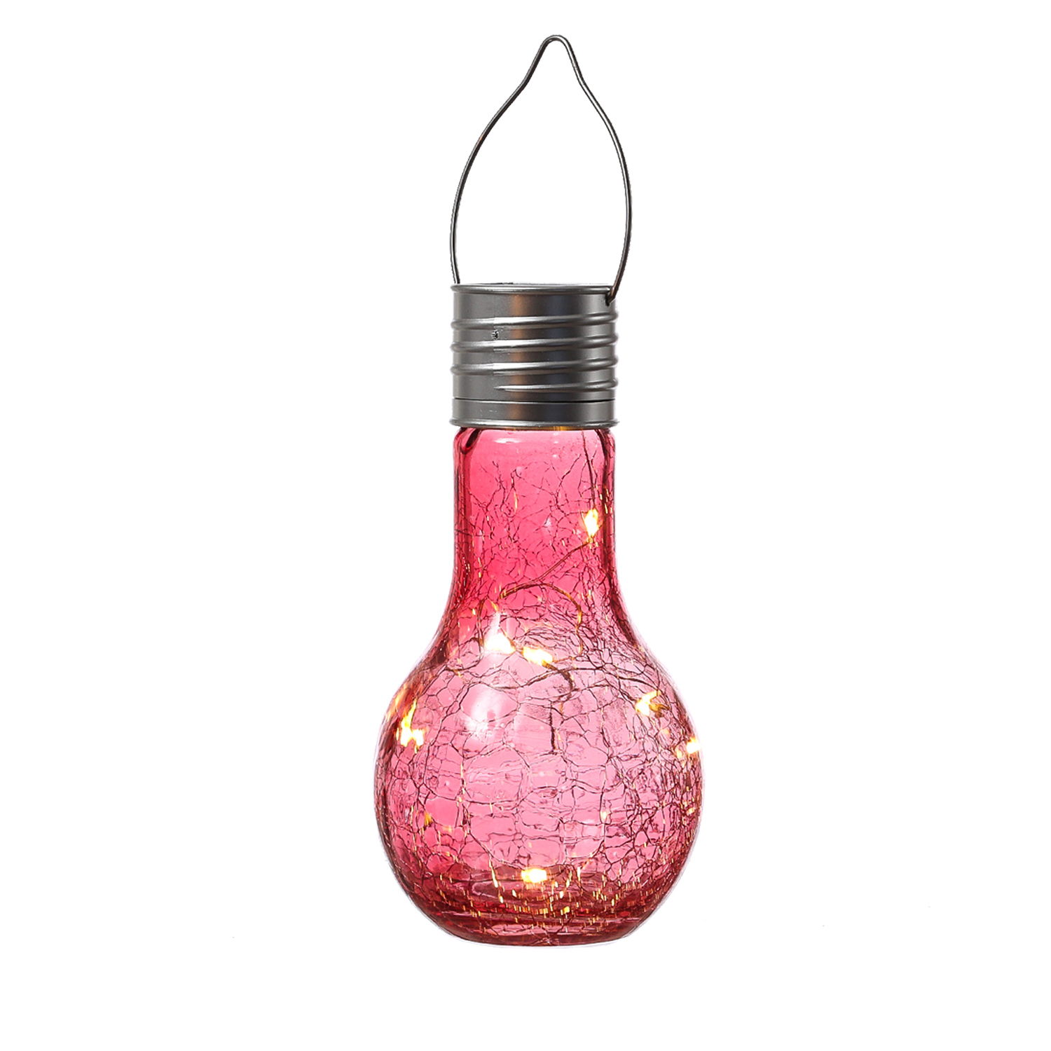 LED Solar Glühbirne CRACKLE GLOW - warmweiße LED Drahtlichterkette - H: 17cm - Lichtsensor - rot