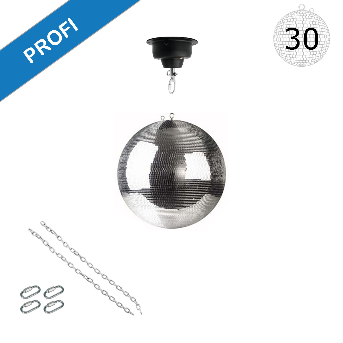 Spiegelkugel Set 30cm Kugel PROFI + Motor MBM-404, 2 Ketten, 4 Kettenglieder Spiegelkugel Set 30cm Kugel PROFI + Motor MBM-404, 2 Ketten, 4 Kettenglieder