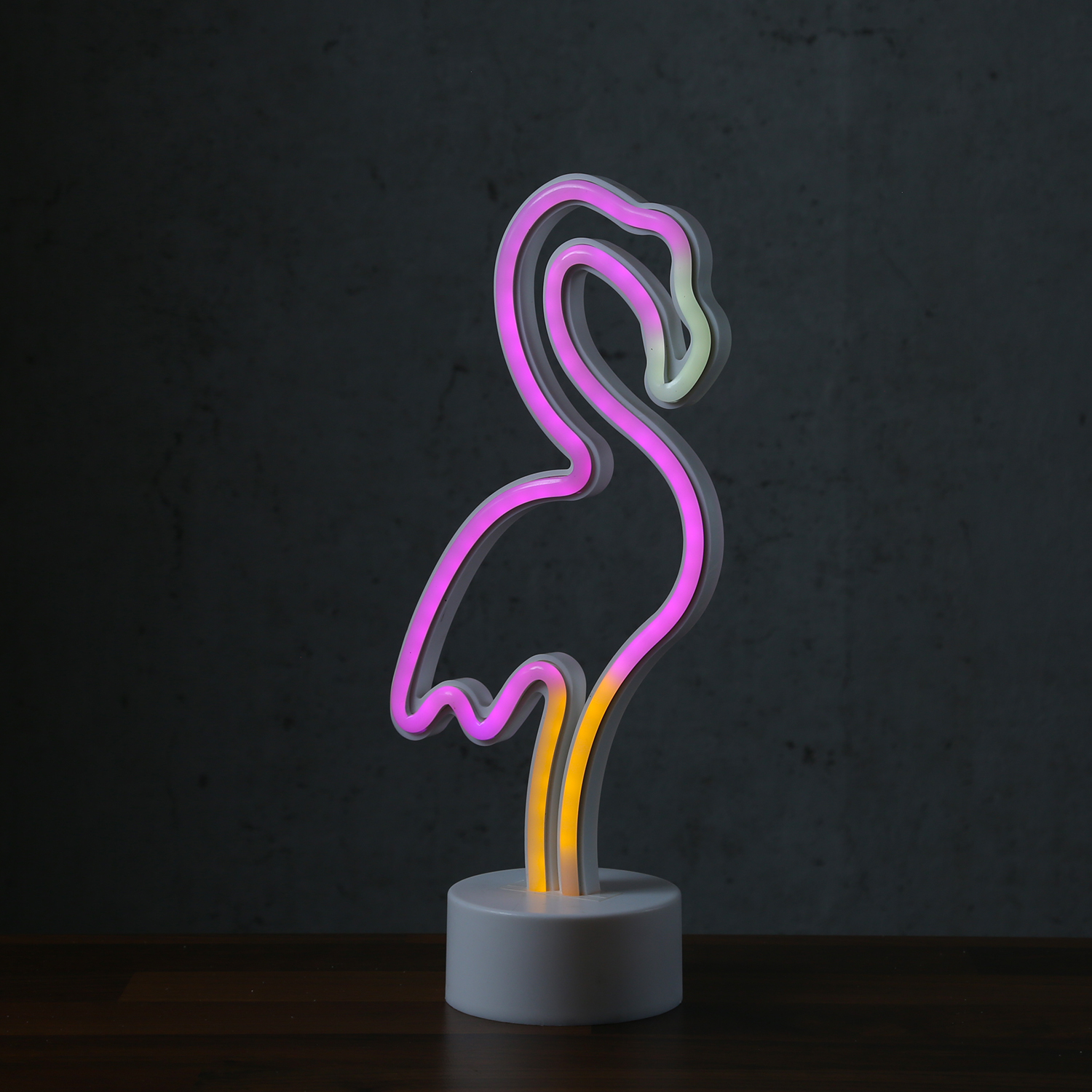 LED NEON Figur FLAMINGO - Dekoleuchte - H: 30cm - Batterie oder USB Betrieb - stehend - pink/gelb