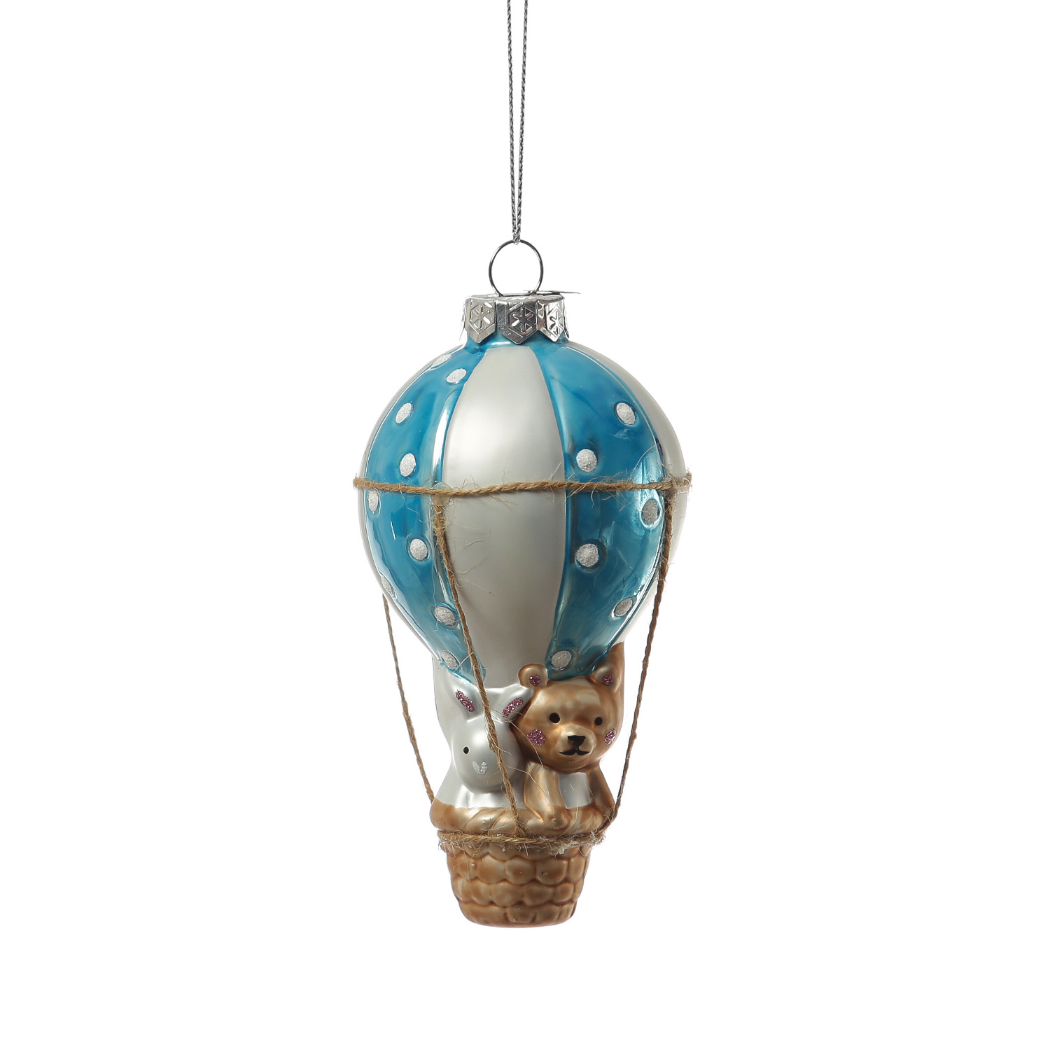 Weihnachtsbaumschmuck BALLON mit Bärchen und Hase - Glas - H: 13cm - blau